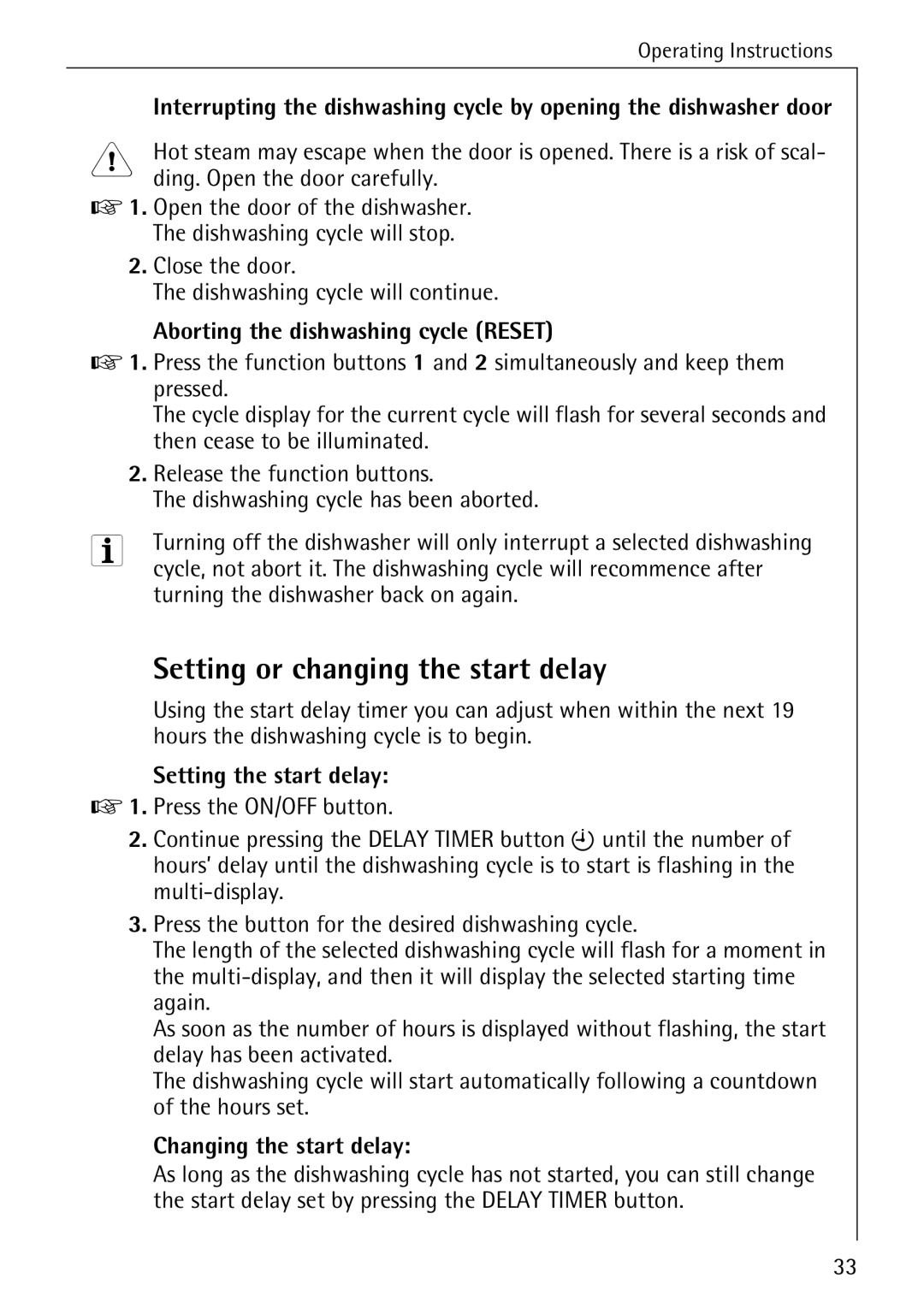 AEG 88050 I manual Setting or changing the start delay, Aborting the dishwashing cycle Reset, Setting the start delay 