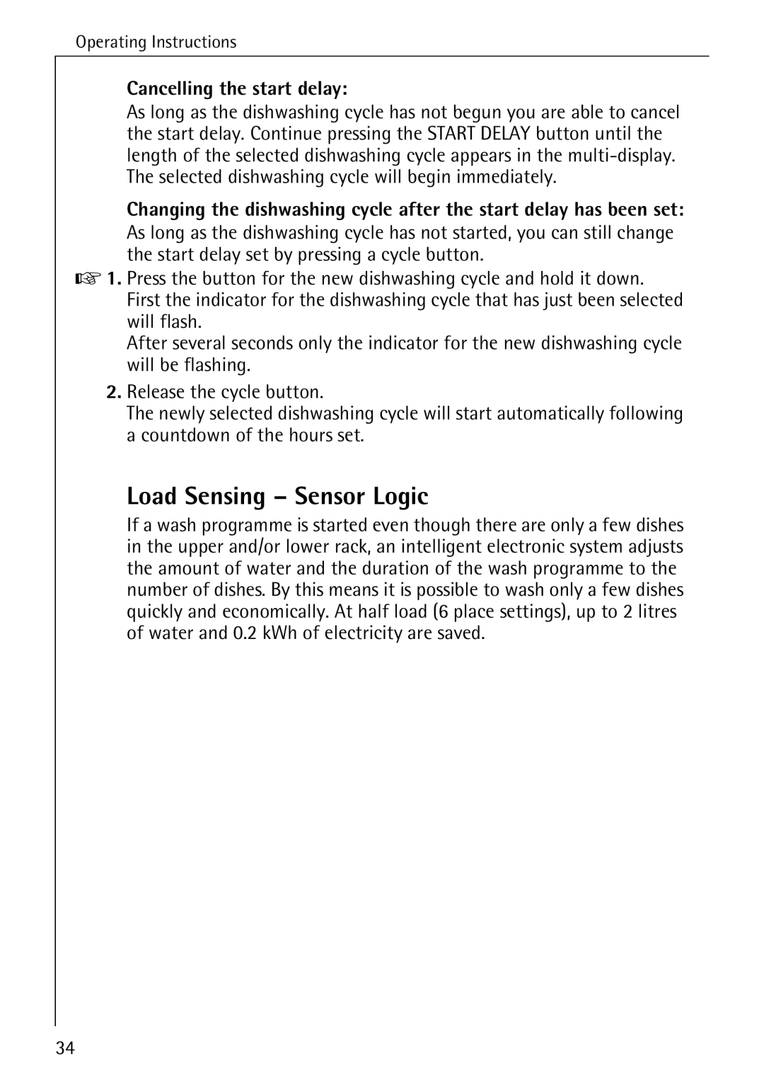 AEG 88050 I manual Load Sensing Sensor Logic, Cancelling the start delay 