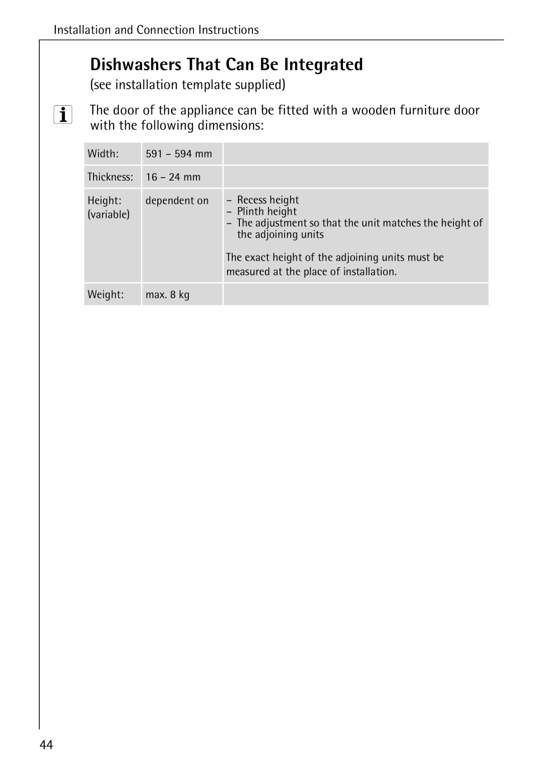 AEG 88050 I manual Dishwashers That Can Be Integrated, See installation template supplied, With the following dimensions 