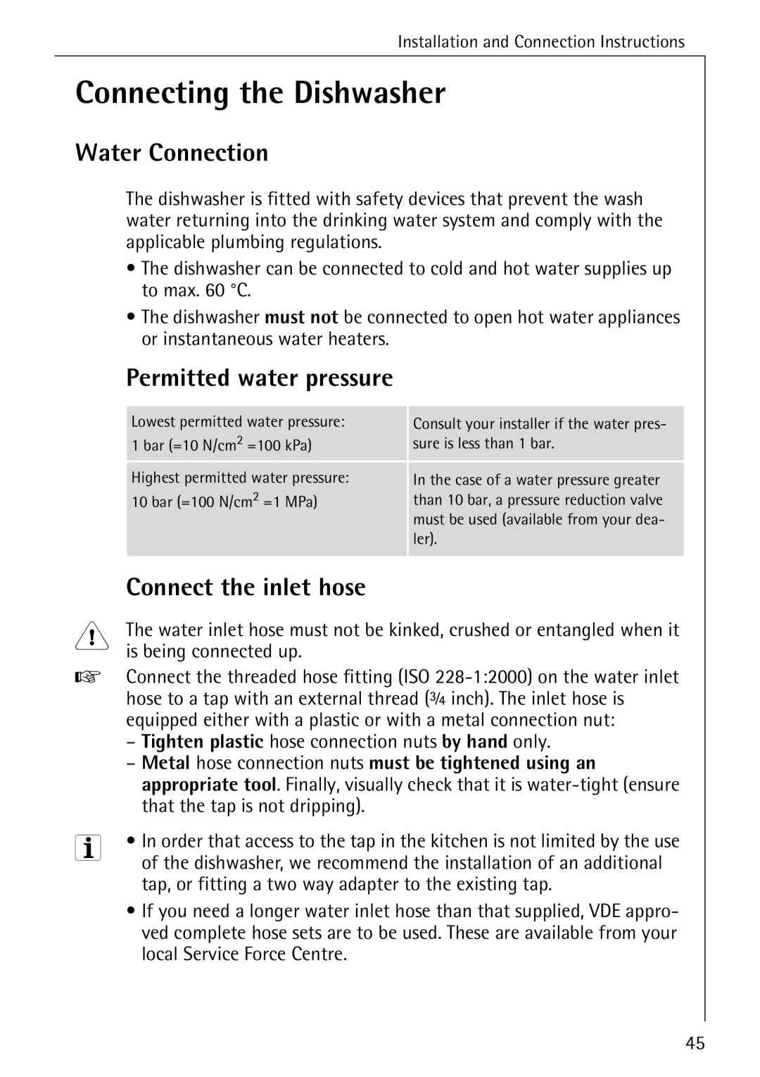 AEG 88050 I manual Connecting the Dishwasher, Water Connection, Permitted water pressure, Connect the inlet hose 