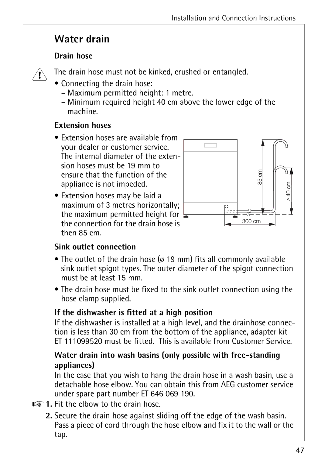 AEG 88050 I manual Water drain, Drain hose, Extension hoses, Sink outlet connection 