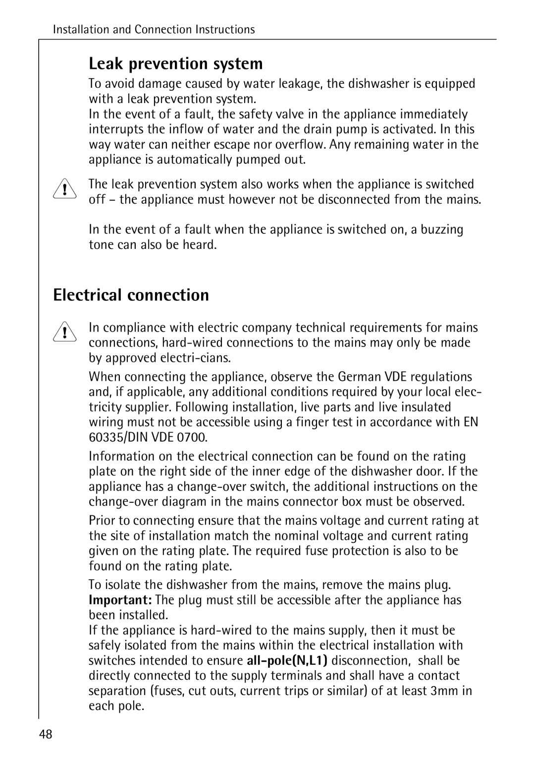 AEG 88050 I manual Leak prevention system, Electrical connection, With a leak prevention system 