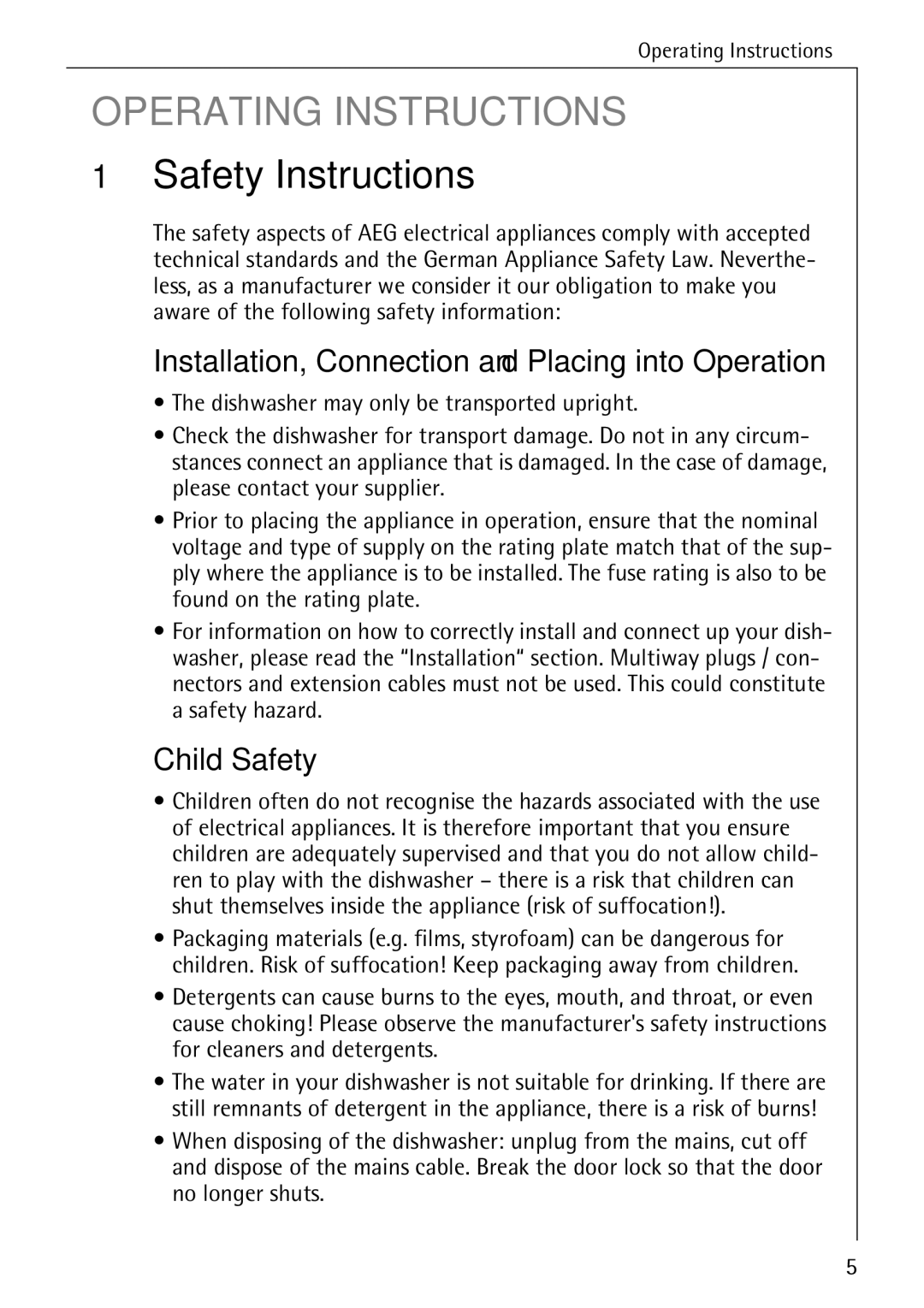 AEG 88050 I manual Safety Instructions, Installation, Connection and Placing into Operation, Child Safety 