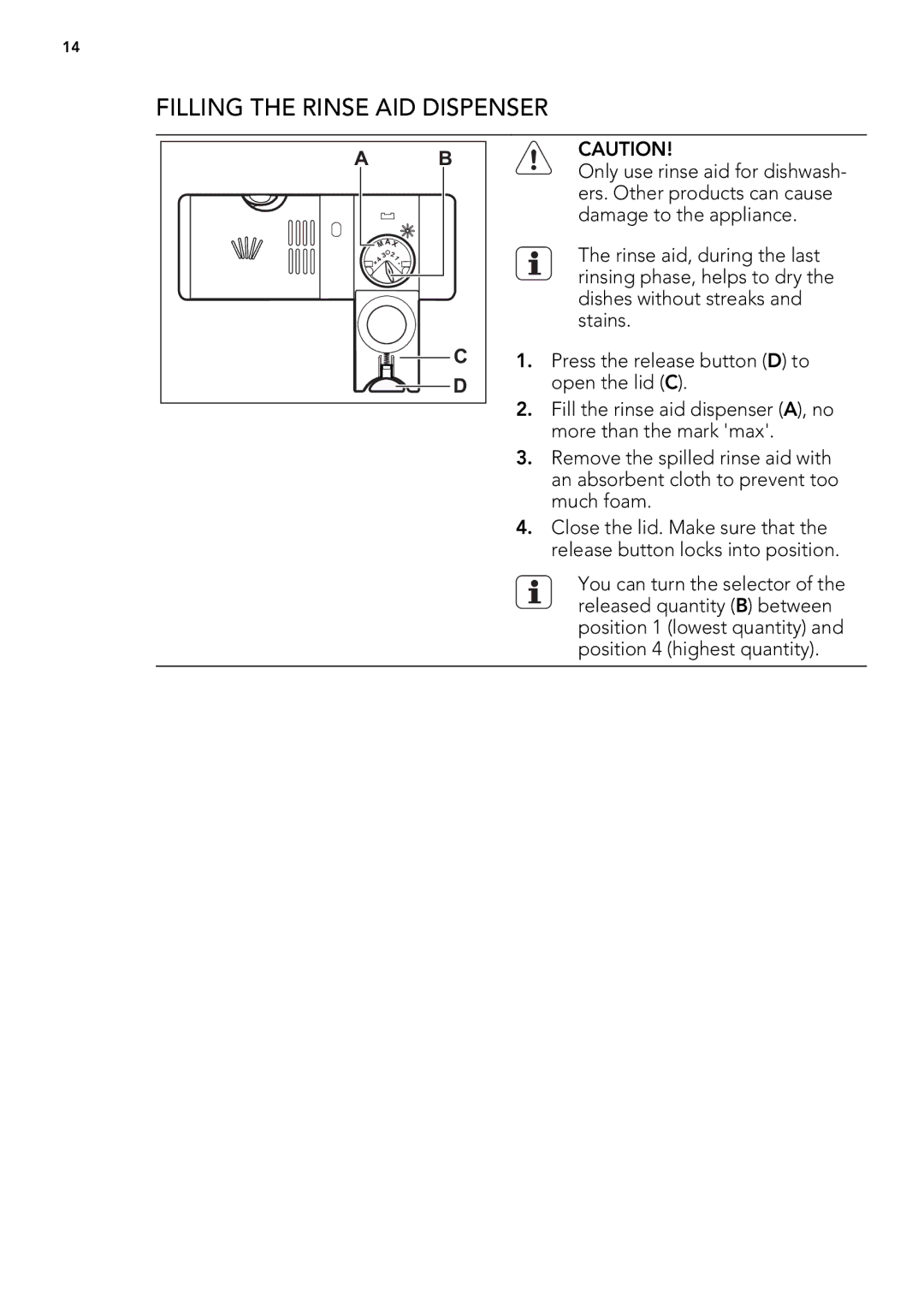 AEG 88060 user manual Filling the Rinse AID Dispenser 