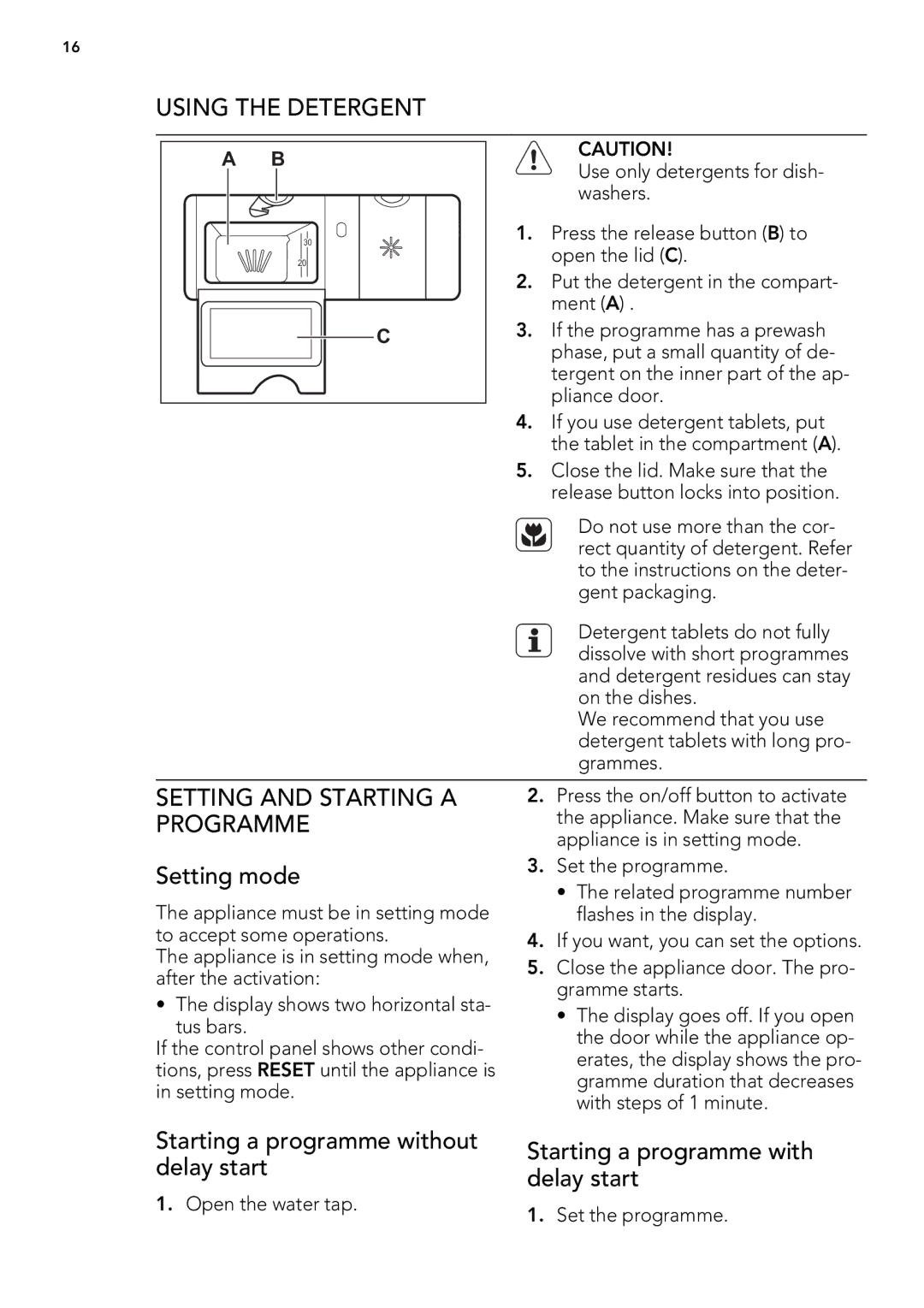 AEG 88060 Using the Detergent, Setting and Starting a, Programme, Setting mode, Starting a programme without Delay start 