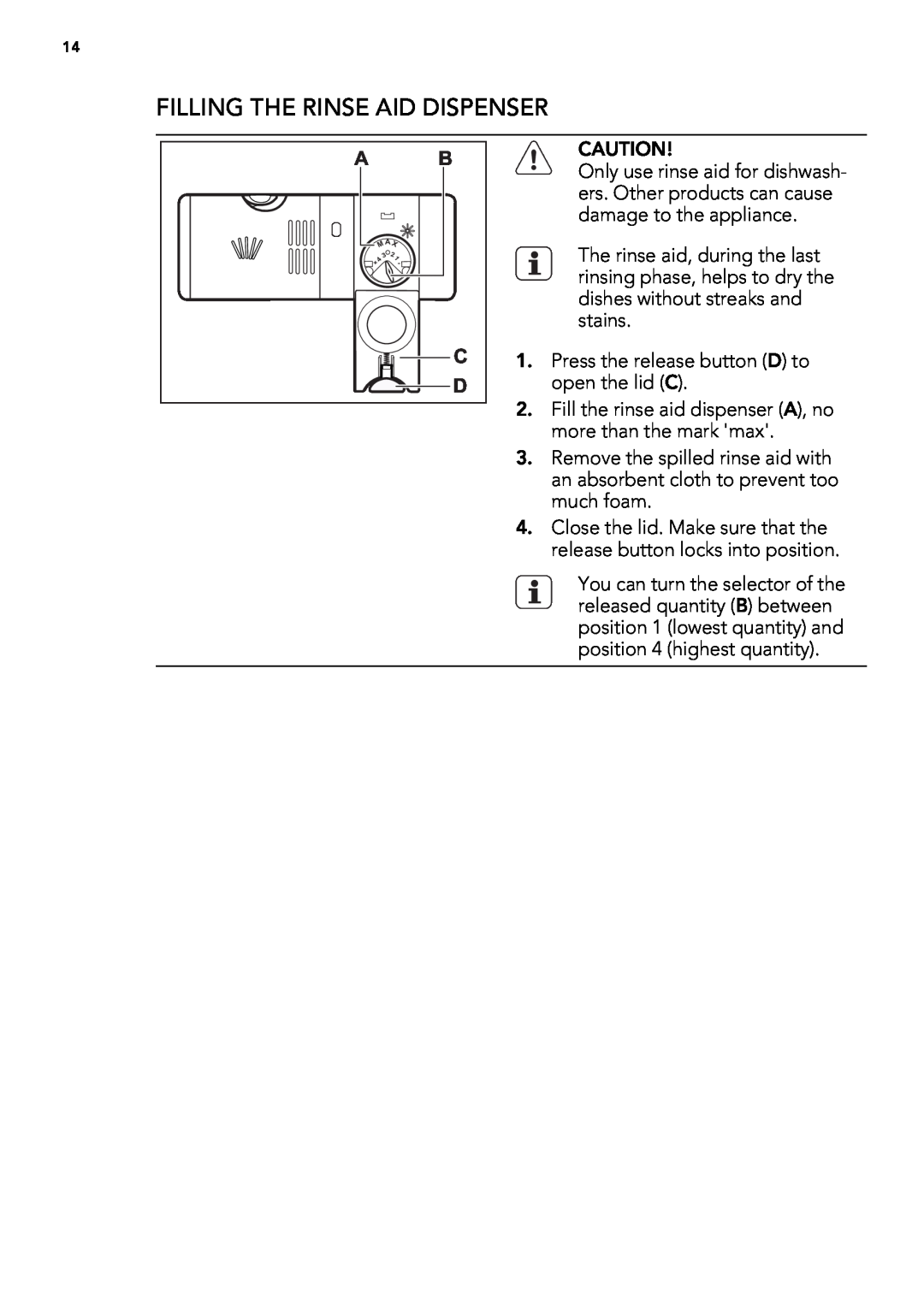 AEG 88060 user manual Filling The Rinse Aid Dispenser 