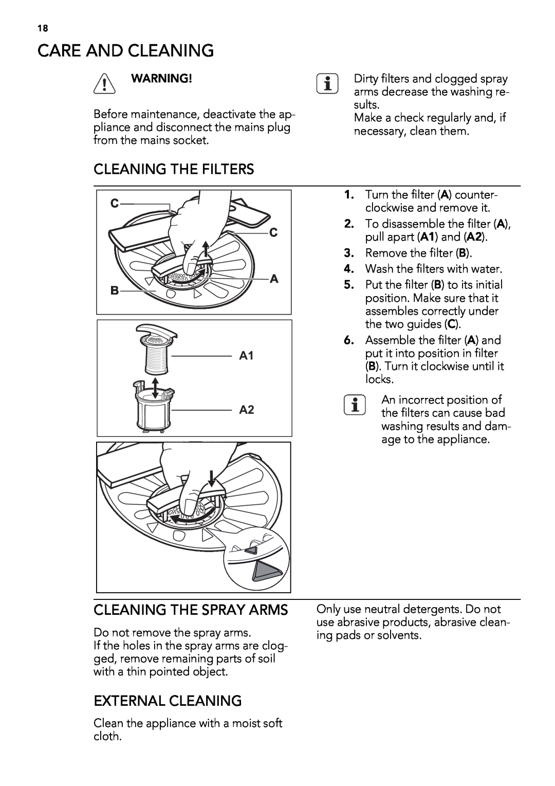 AEG 88060 user manual Care And Cleaning, Cleaning The Filters, Cleaning The Spray Arms, External Cleaning 