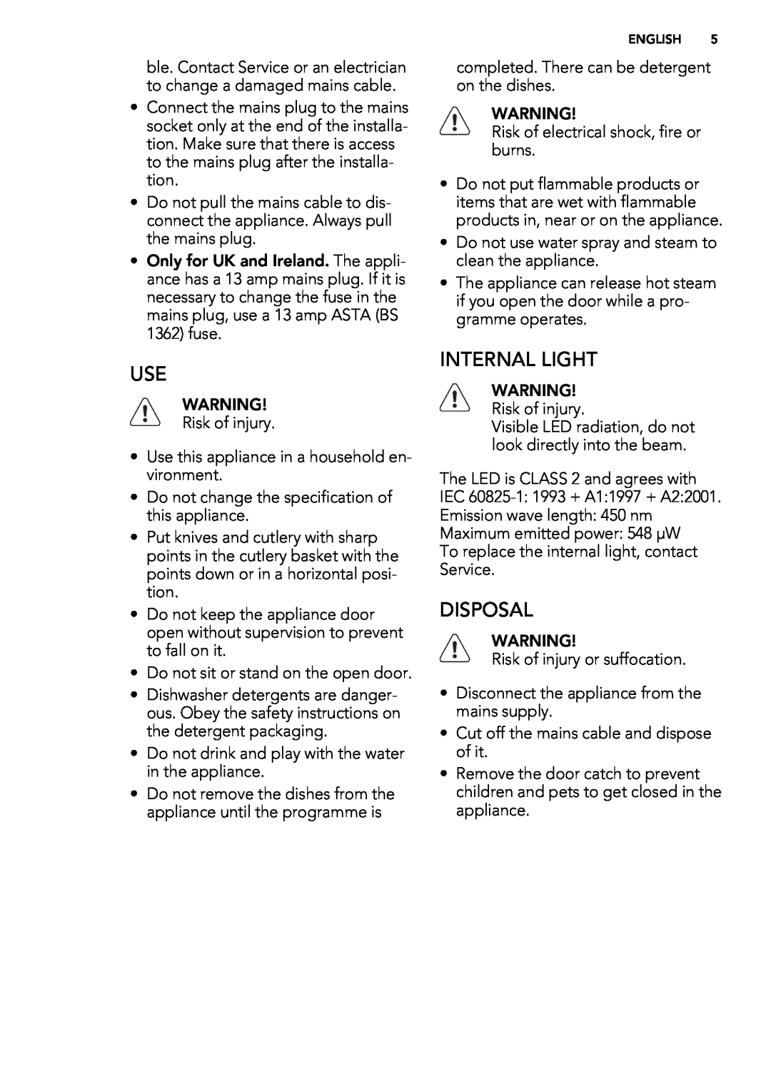 AEG 88060 user manual Internal Light, Disposal 