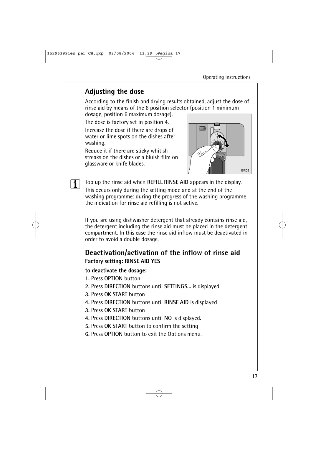 AEG 88070 manual Adjusting the dose, Deactivation/activation of the inflow of rinse aid 