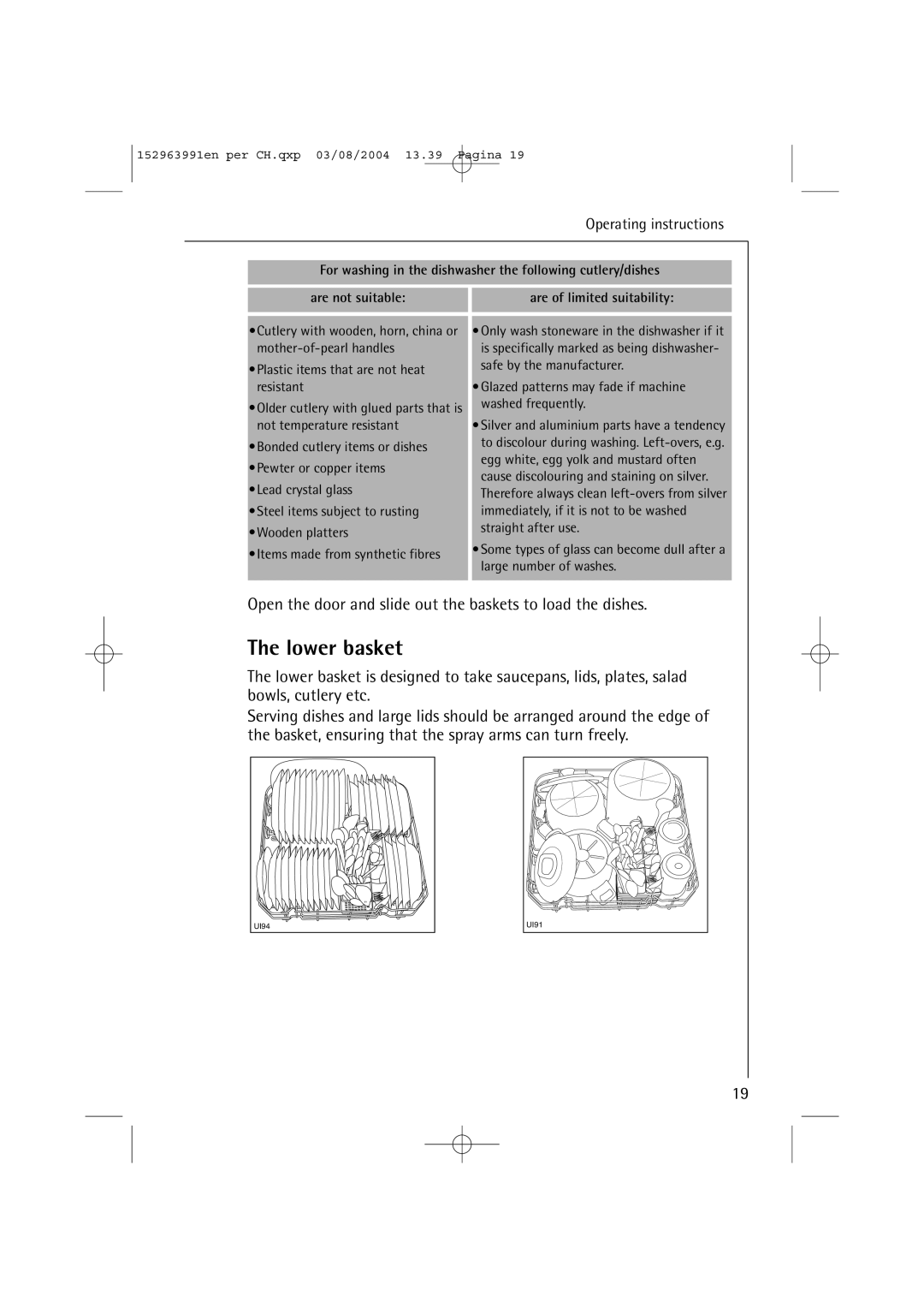 AEG 88070 manual Lower basket, Glazed patterns may fade if machine washed frequently 