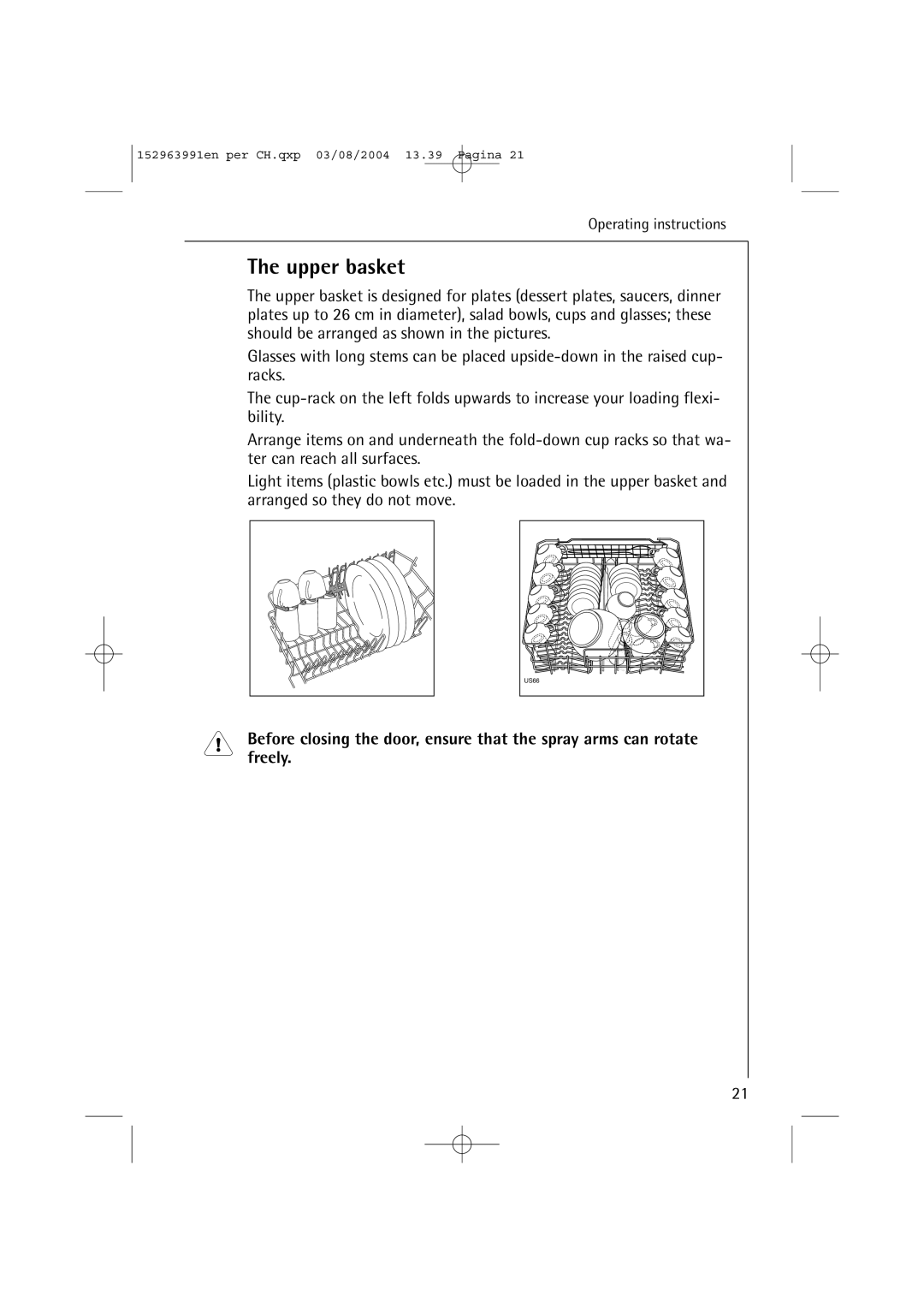 AEG 88070 manual Upper basket 