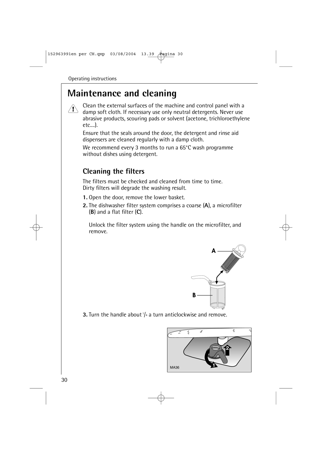 AEG 88070 manual Maintenance and cleaning, Cleaning the filters 