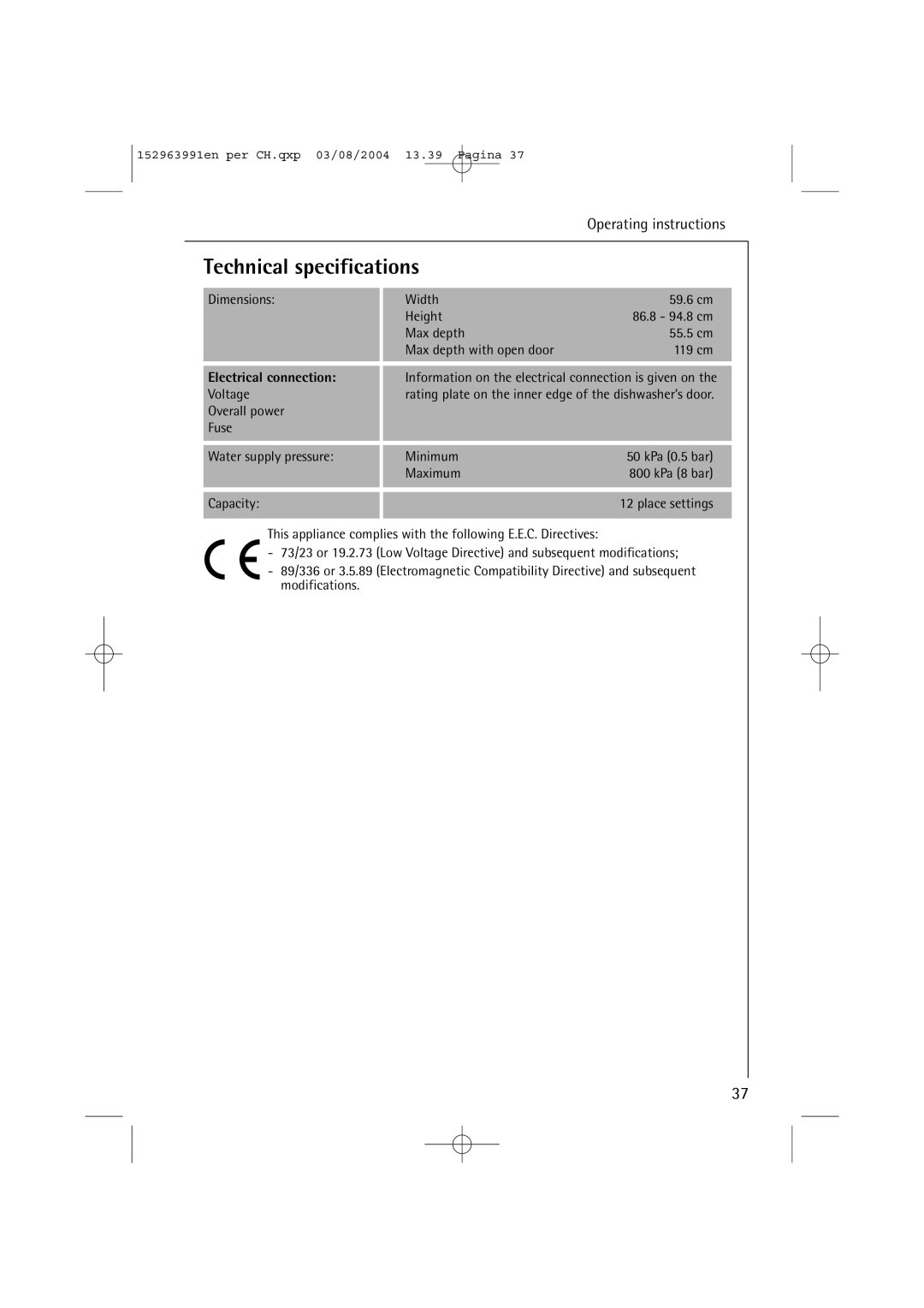 AEG 88070 manual Technical specifications, Electrical connection 