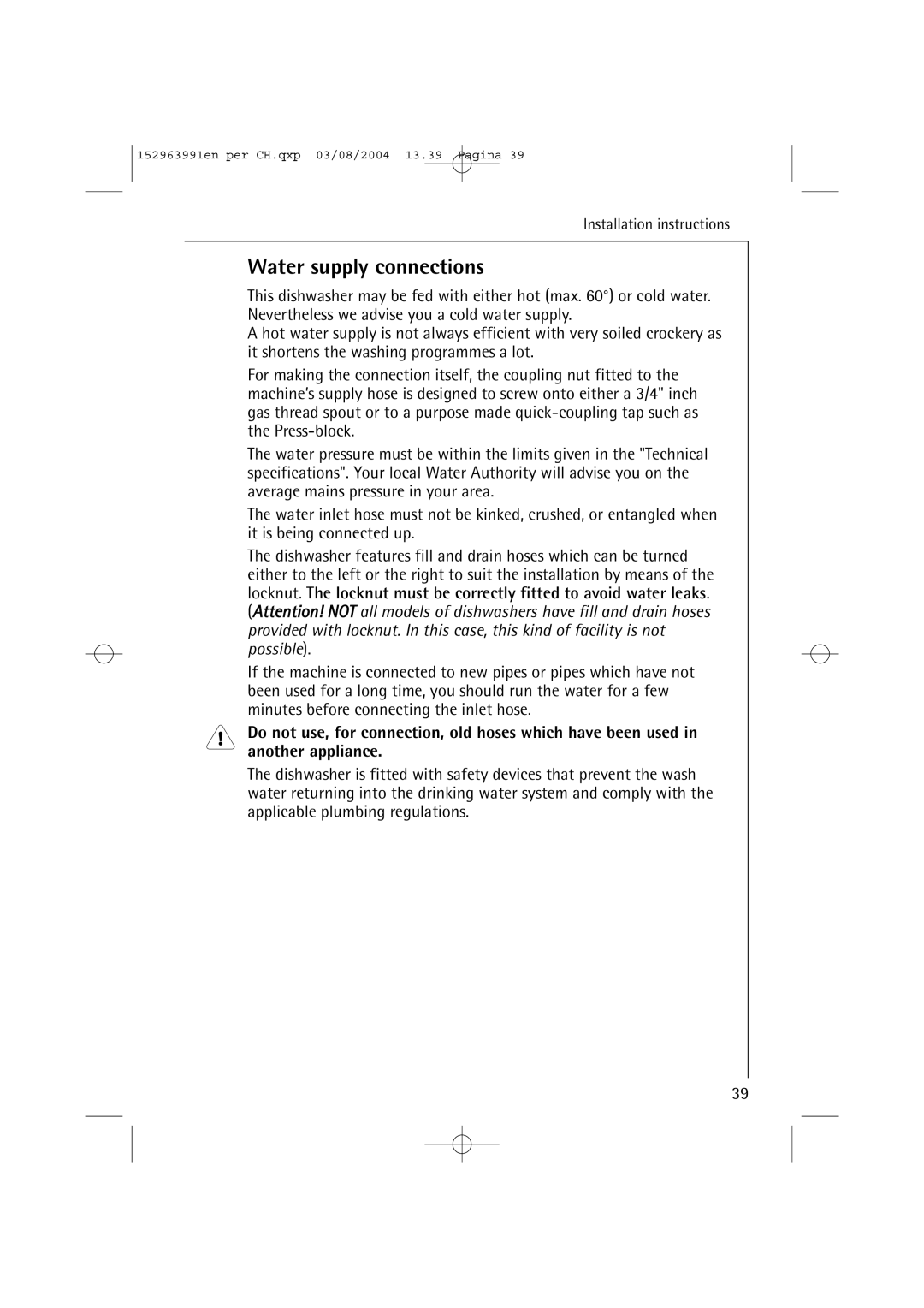 AEG 88070 manual Water supply connections 