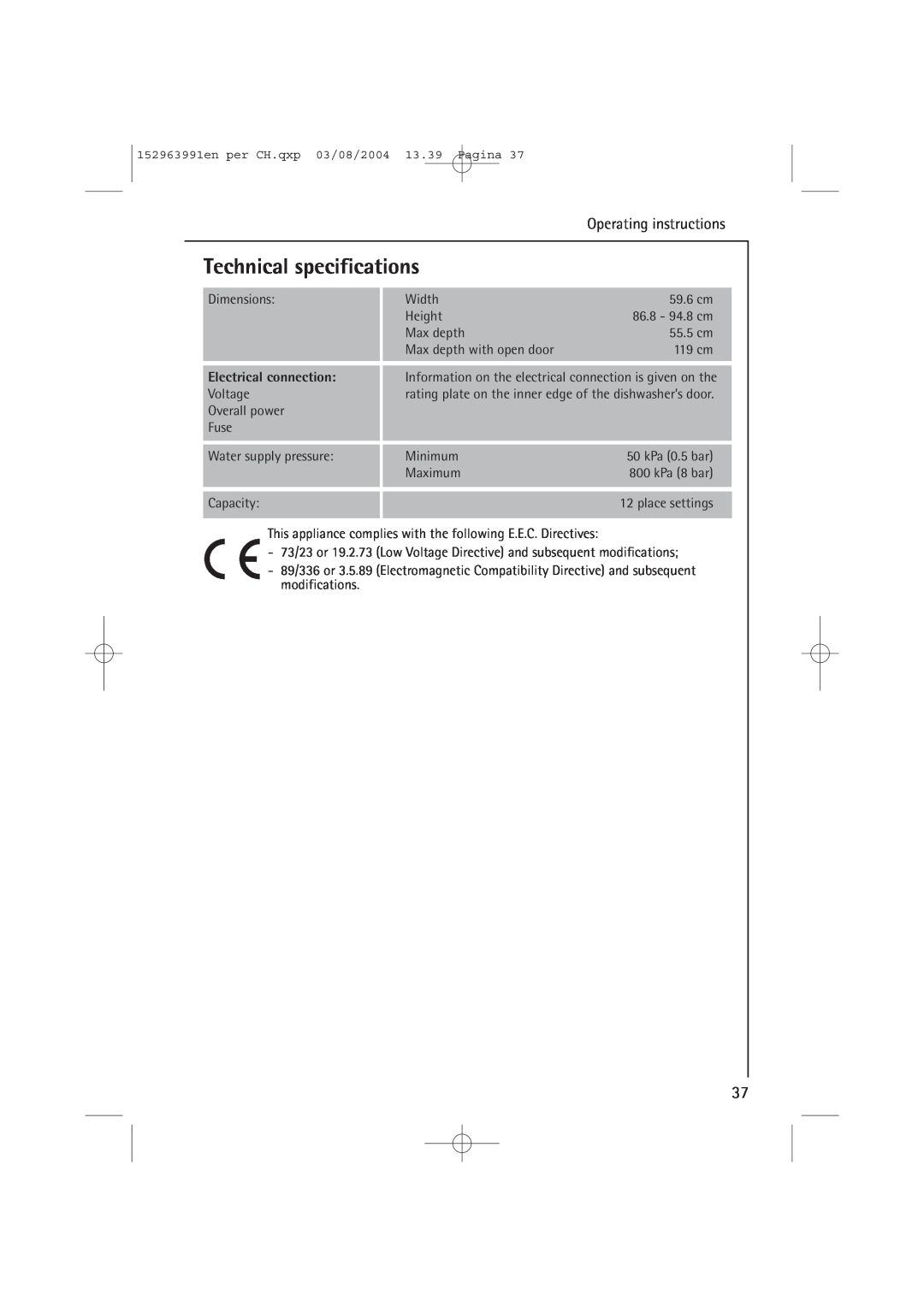 AEG 88070 manual Technical specifications, Electrical connection 