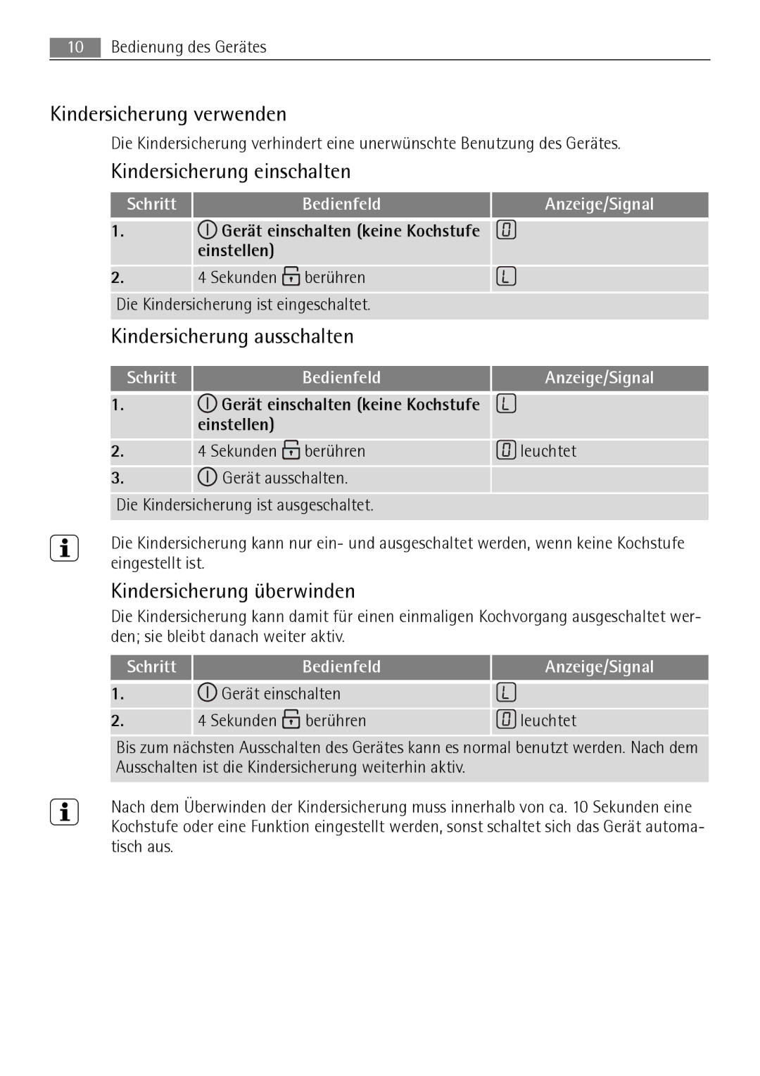 AEG 88131 K-MN user manual Kindersicherung verwenden, Kindersicherung einschalten, Kindersicherung ausschalten 