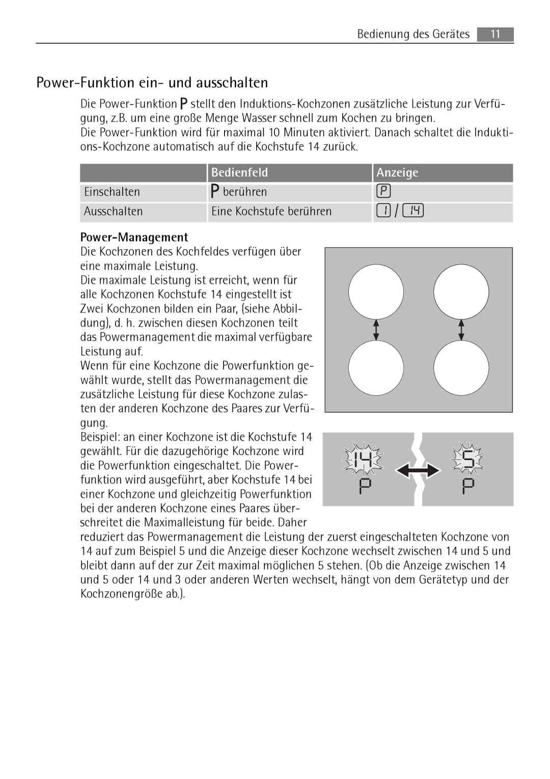 AEG 88131 K-MN user manual Power-Funktion ein- und ausschalten, Einschalten Berühren Ausschalten Eine Kochstufe berühren 