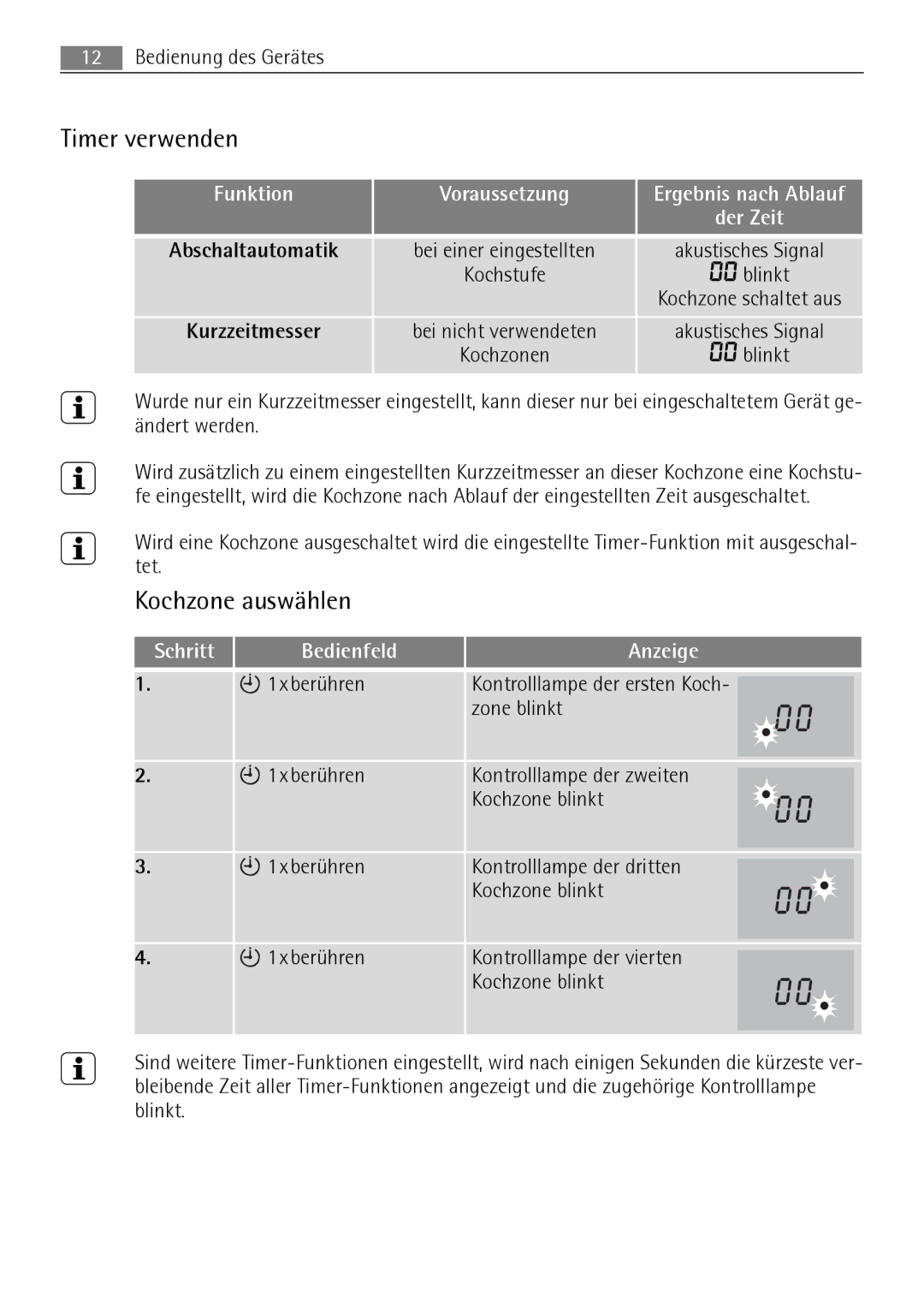 AEG 88131 K-MN Timer verwenden, Kochzone auswählen, Funktion Voraussetzung, Kurzzeitmesser, Schritt Bedienfeld Anzeige 