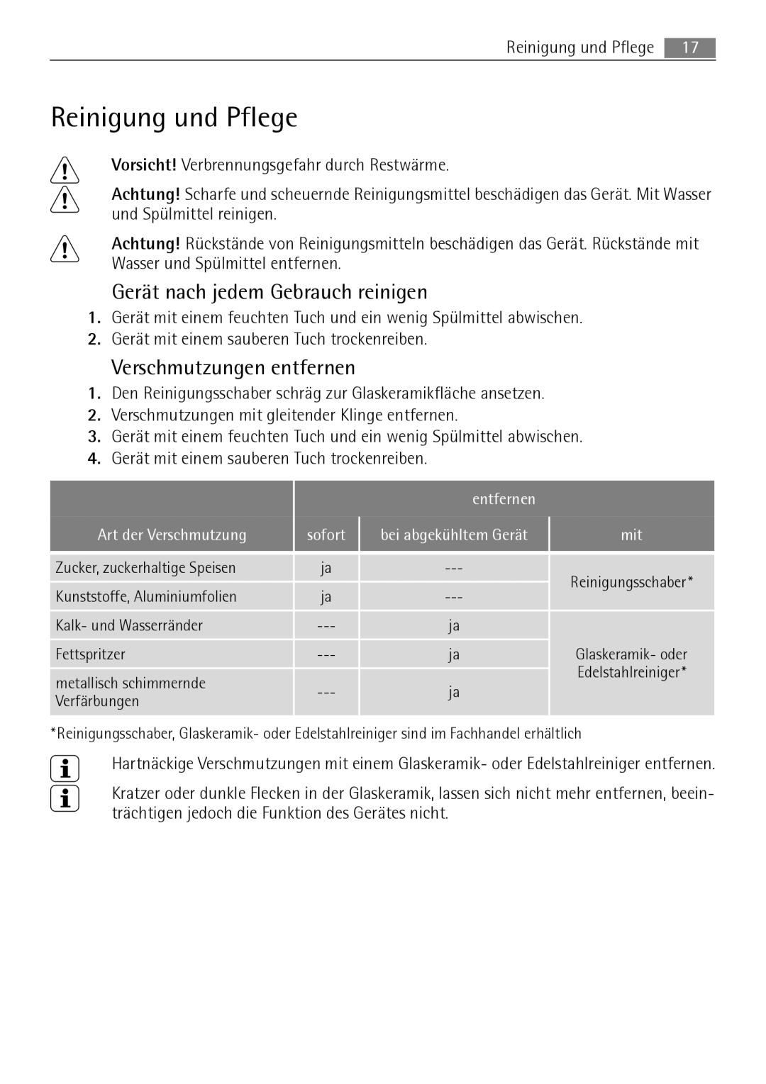 AEG 88131 K-MN user manual Reinigung und Pflege, Gerät nach jedem Gebrauch reinigen, Verschmutzungen entfernen 