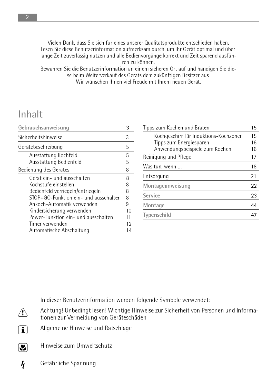 AEG 88131 K-MN user manual Inhalt, Ankoch-Automatik verwenden Kindersicherung verwenden, Tipps zum Energiesparen 