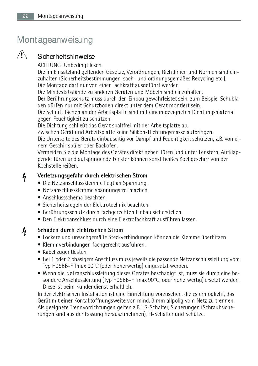 AEG 88131 K-MN user manual Montageanweisung, Sicherheitshinweise, Verletzungsgefahr durch elektrischen Strom 