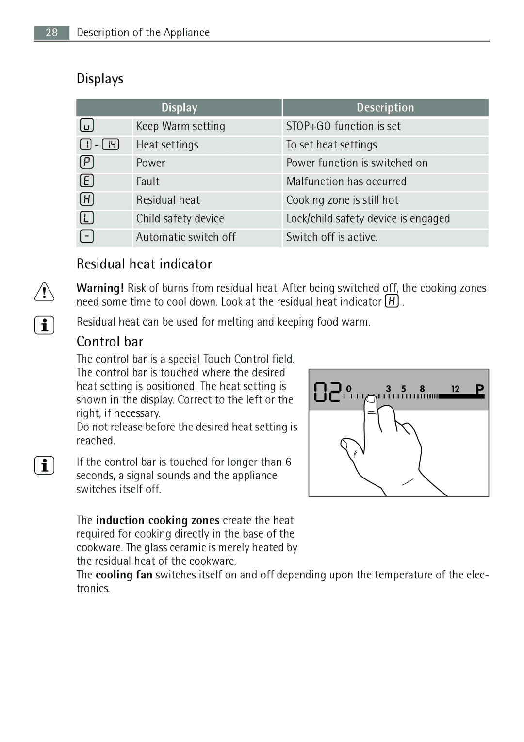 AEG 88131 K-MN user manual Displays, Residual heat indicator, Control bar, Display Description 