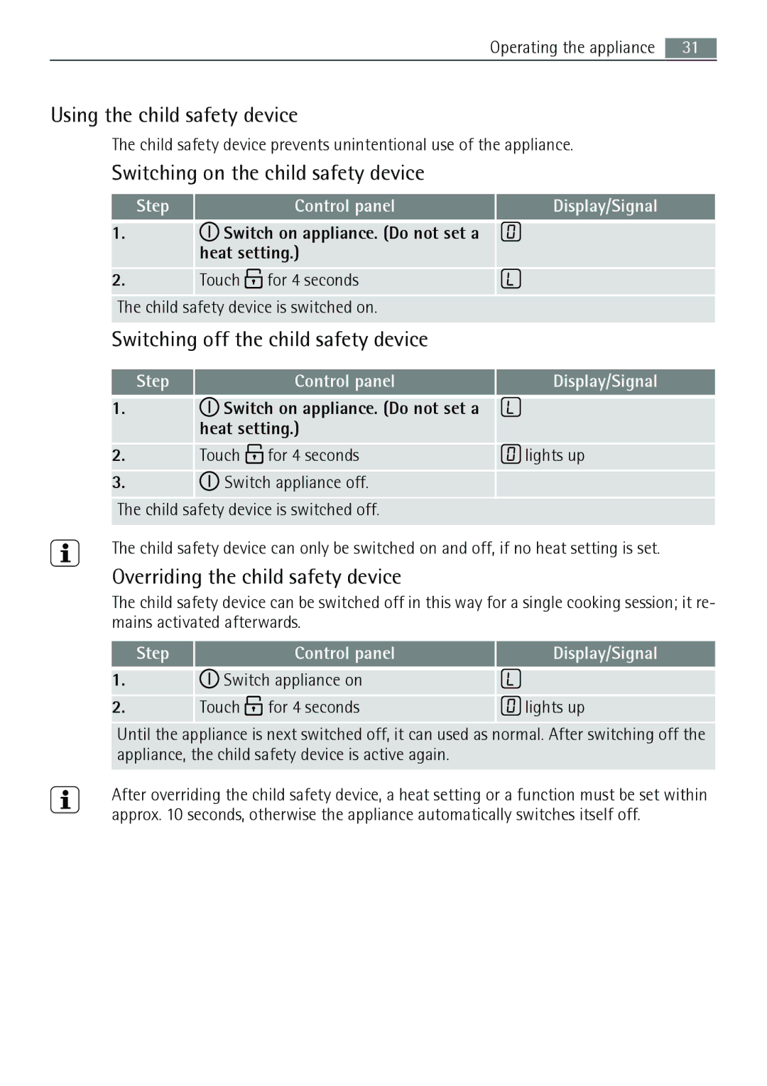 AEG 88131 K-MN Using the child safety device, Switching on the child safety device, Switching off the child safety device 