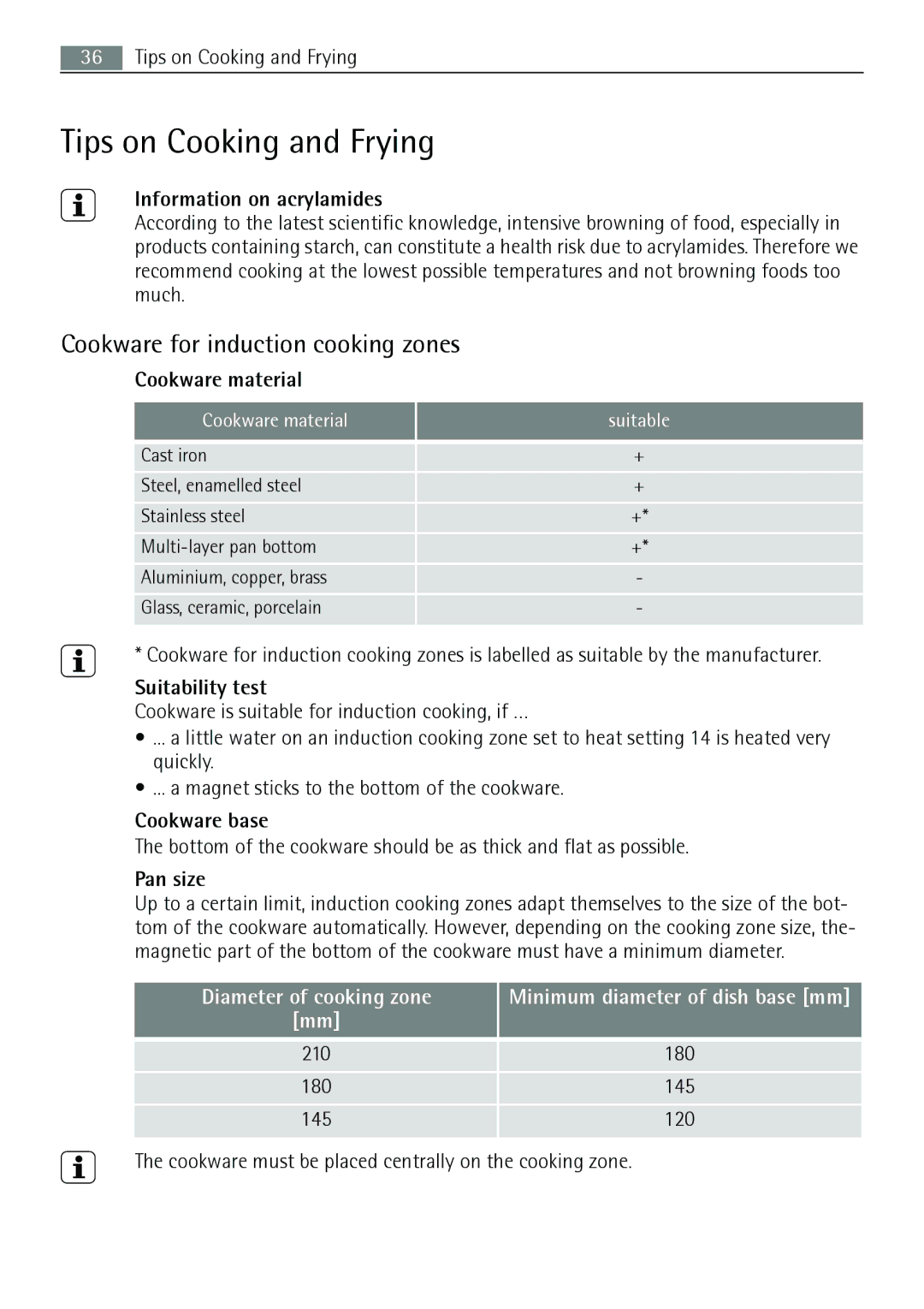 AEG 88131 K-MN user manual Tips on Cooking and Frying, Cookware for induction cooking zones, Diameter of cooking zone 