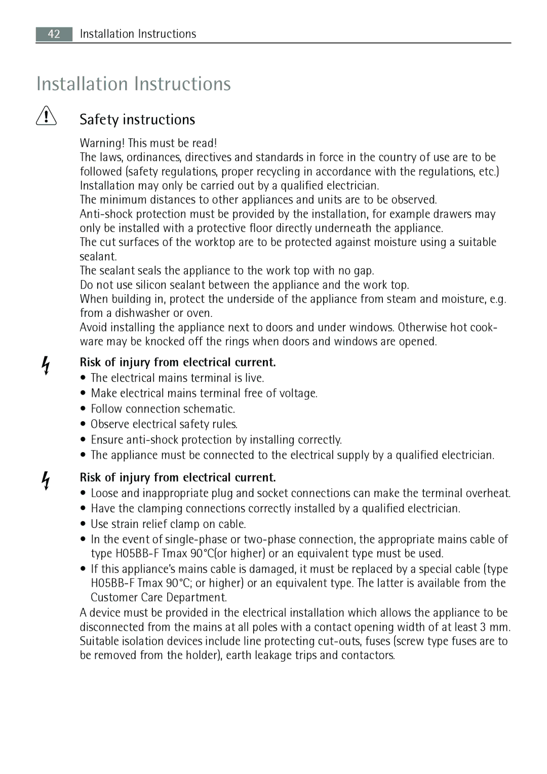 AEG 88131 K-MN user manual Installation Instructions, Safety instructions, Risk of injury from electrical current 