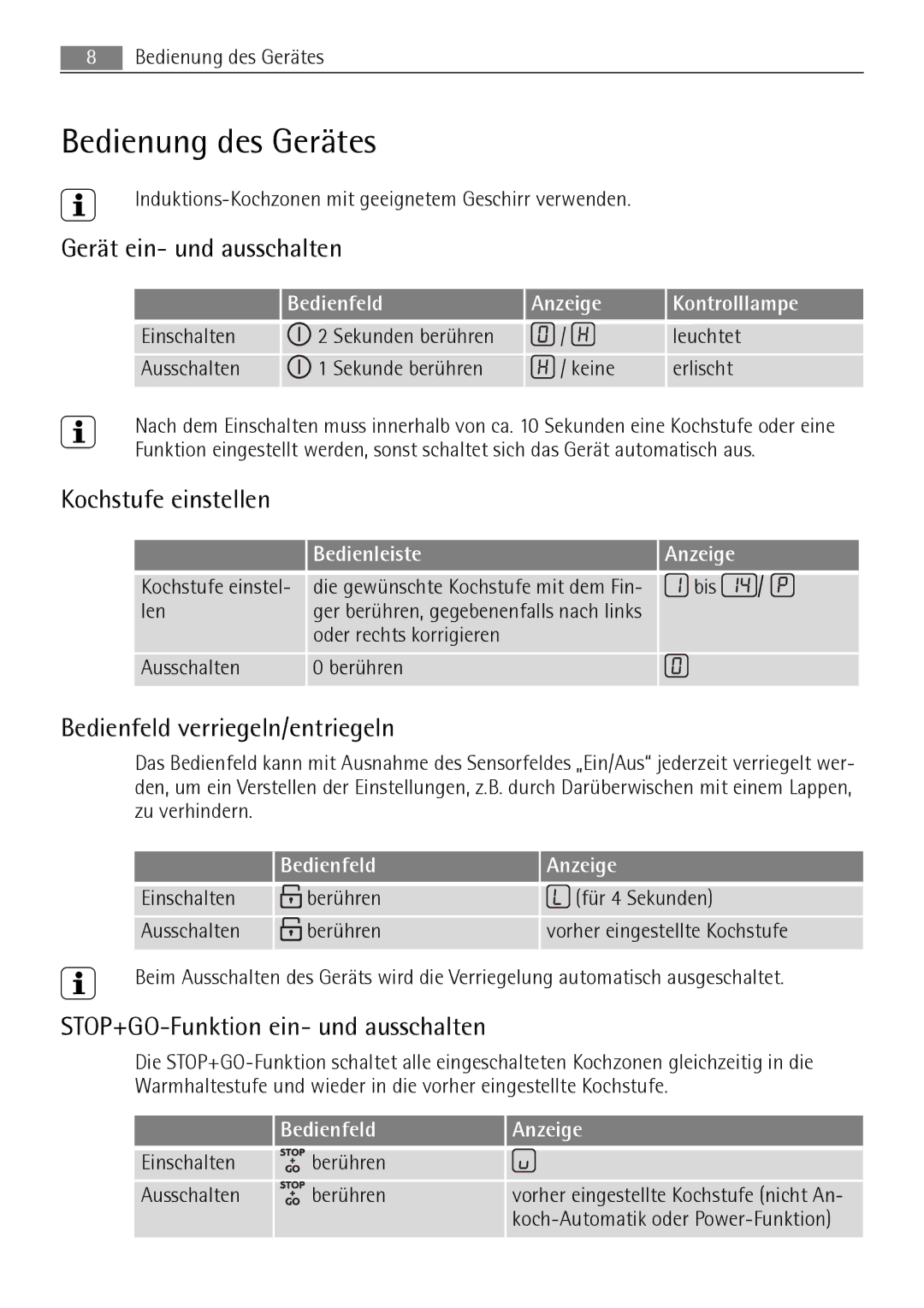 AEG 88131 K-MN Bedienung des Gerätes, Gerät ein- und ausschalten, Kochstufe einstellen, Bedienfeld verriegeln/entriegeln 