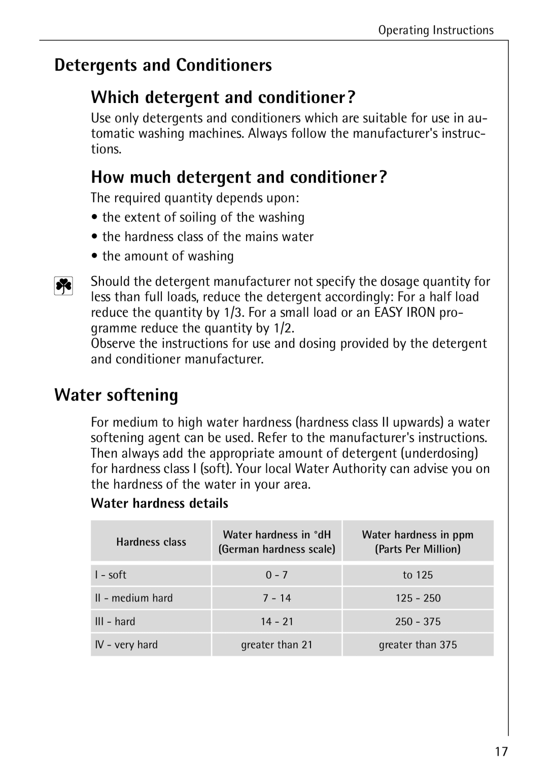 AEG 88730 manual How much detergent and conditioner?, Water softening, Water hardness details 