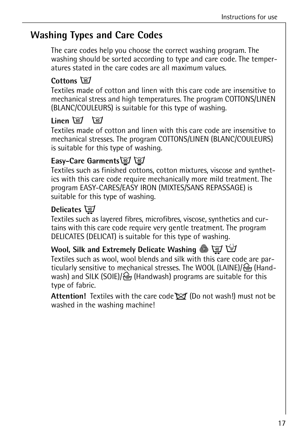 AEG 88830 manual Washing Types and Care Codes 