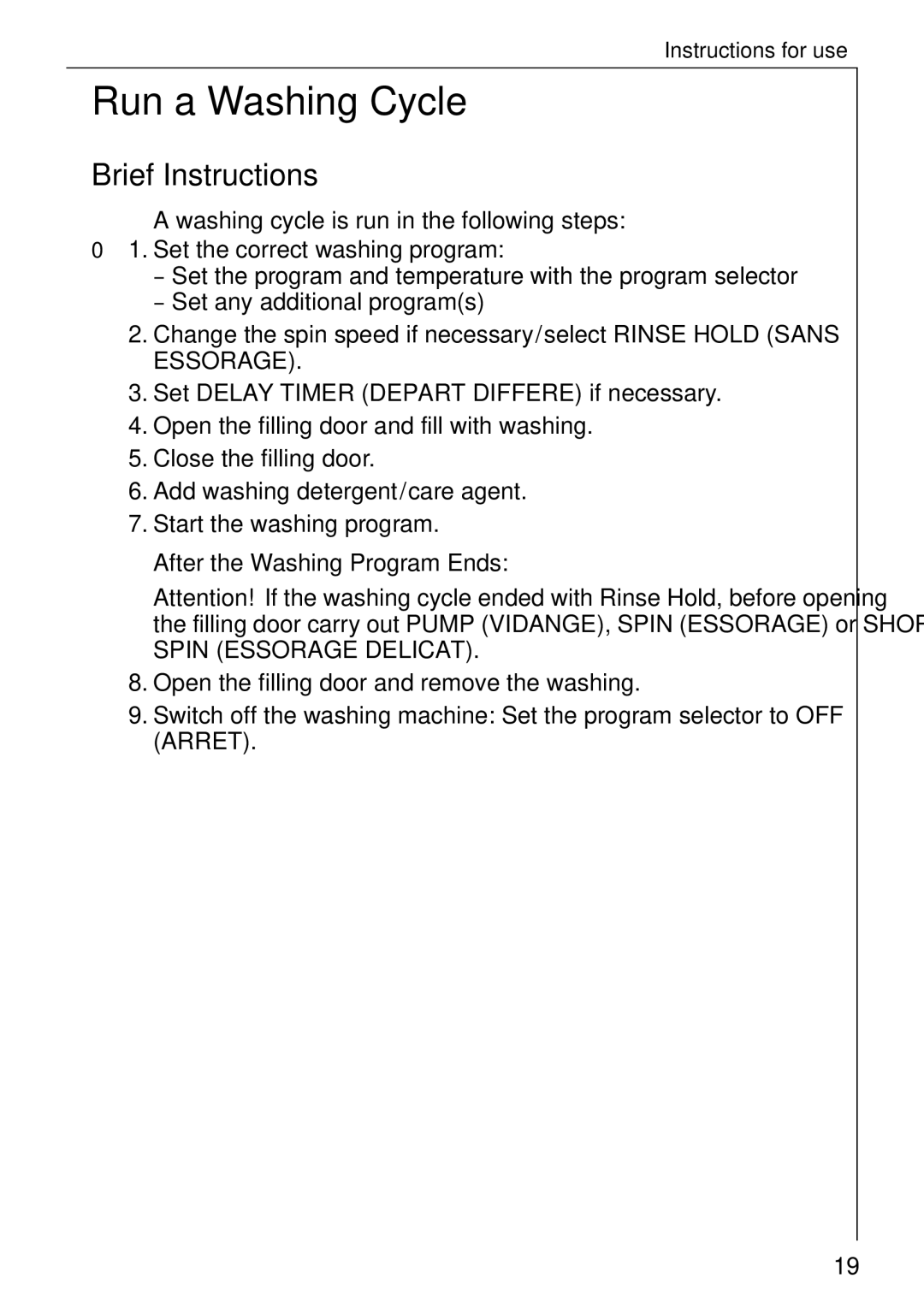 AEG 88830 manual Run a Washing Cycle, Brief Instructions, After the Washing Program Ends 