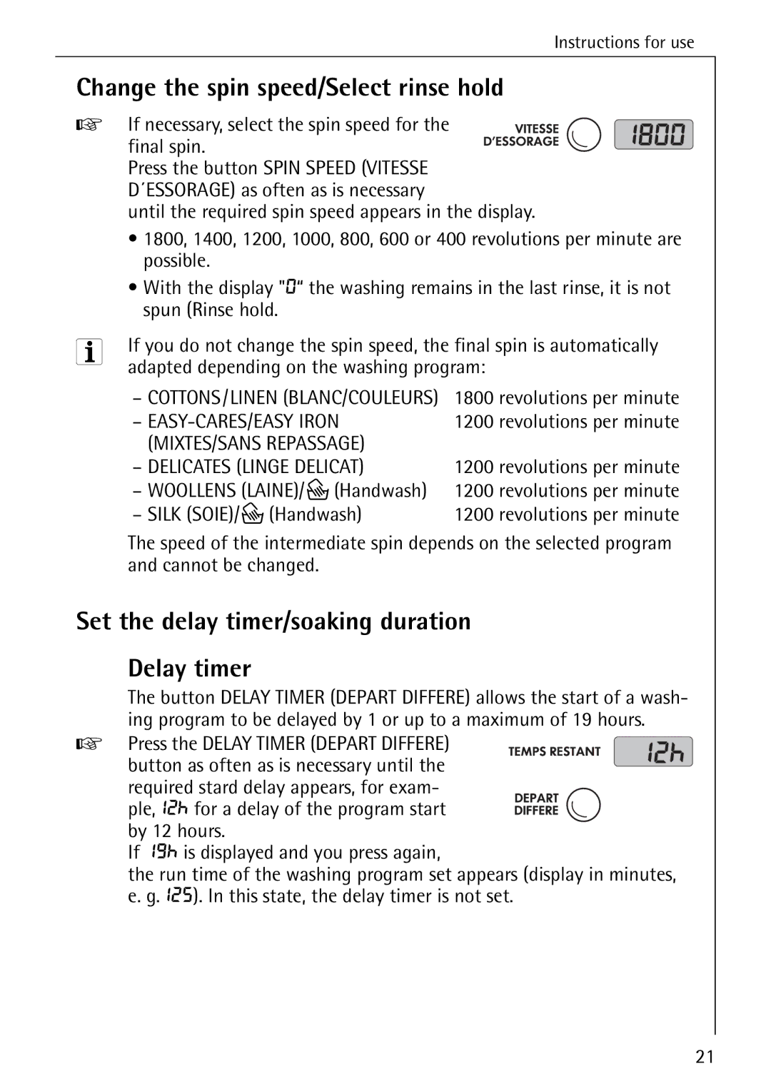 AEG 88830 Change the spin speed/Select rinse hold, Set the delay timer/soaking duration Delay timer, Silk SOIE/ P Handwash 