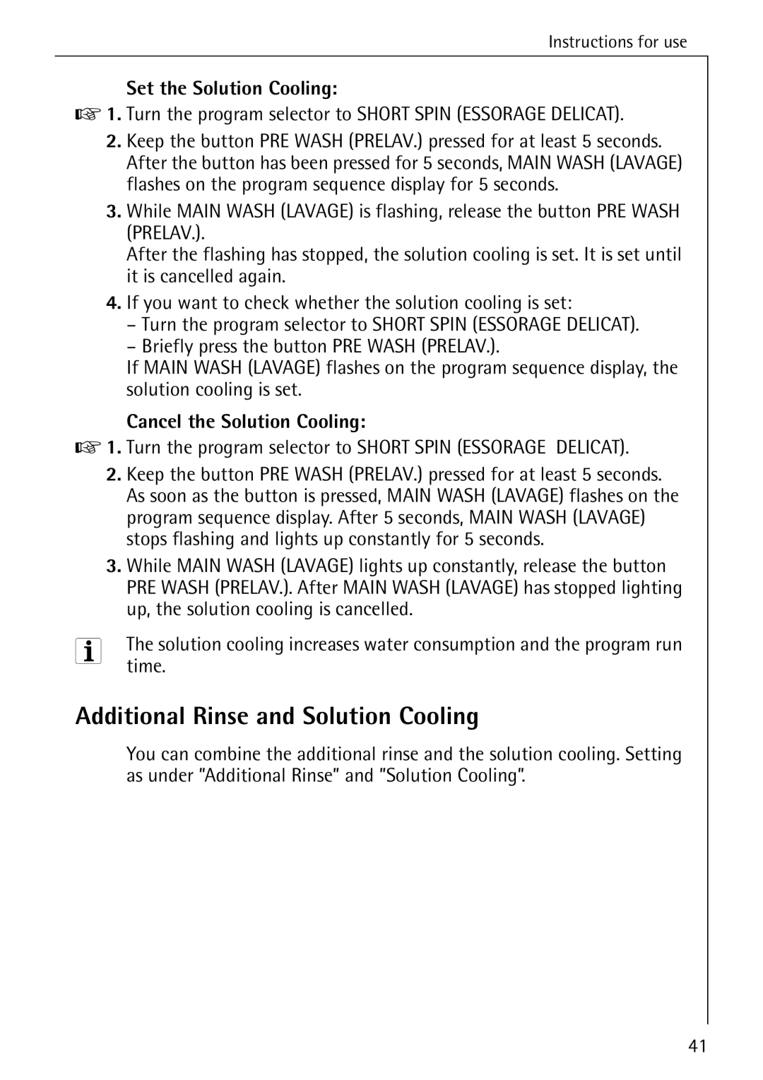 AEG 88830 manual Additional Rinse and Solution Cooling, Set the Solution Cooling, Cancel the Solution Cooling 