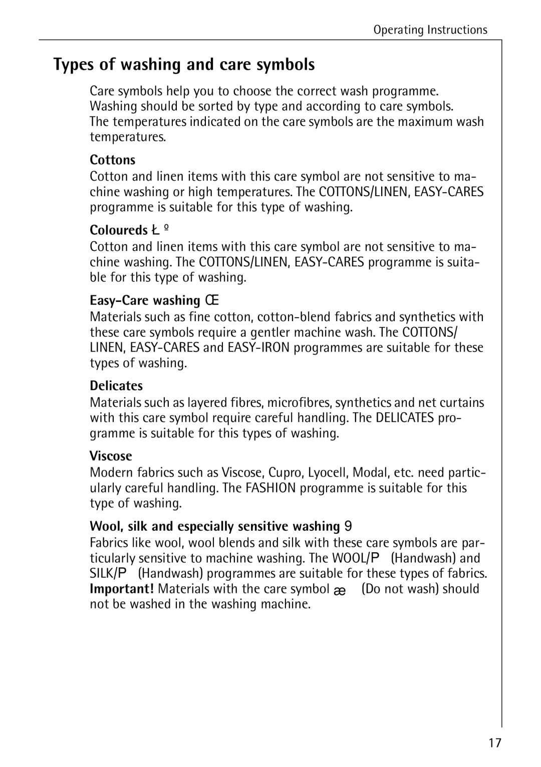 AEG 88840 manual Types of washing and care symbols 