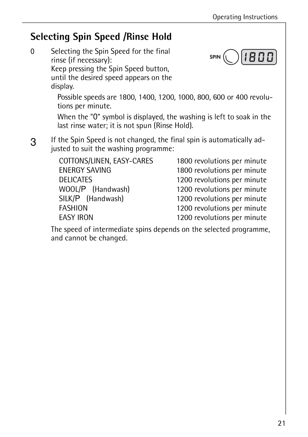 AEG 88840 manual Selecting Spin Speed /Rinse Hold, WOOL/P Handwash, SILK/P Handwash, Cannot be changed 