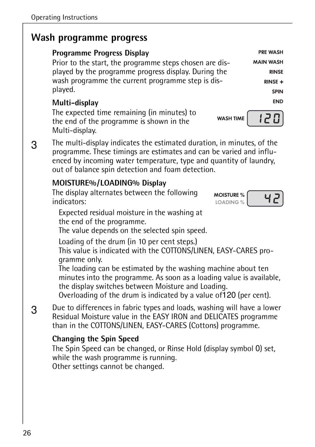 AEG 88840 manual Wash programme progress, Programme Progress Display, Multi-display, MOISTURE%/LOADING% Display 