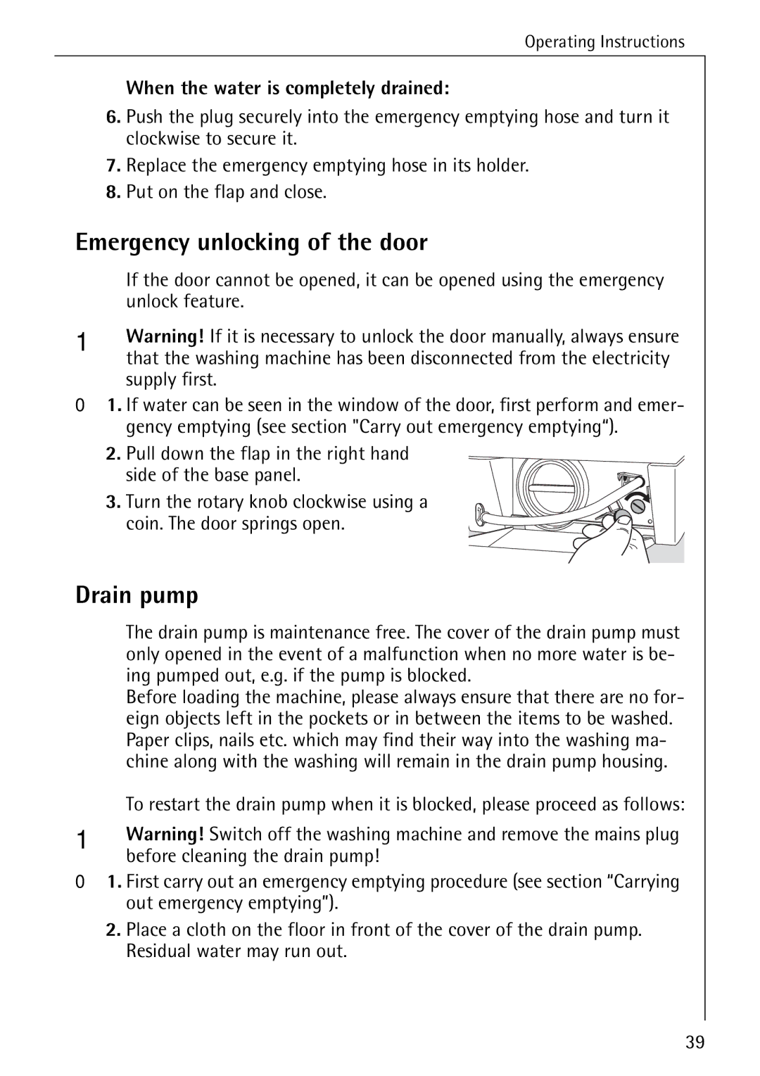 AEG 88840 manual Emergency unlocking of the door, Drain pump, When the water is completely drained 