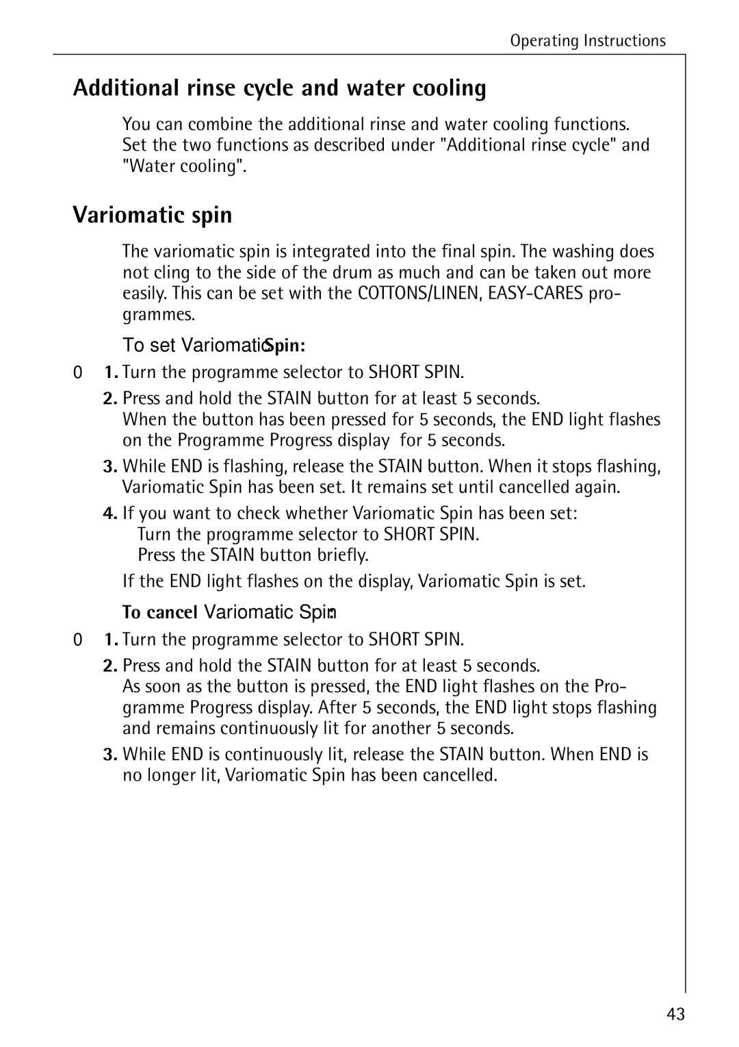 AEG 88840 Additional rinse cycle and water cooling, Variomatic spin, To set Variomatic Spin, To cancel Variomatic Spin 