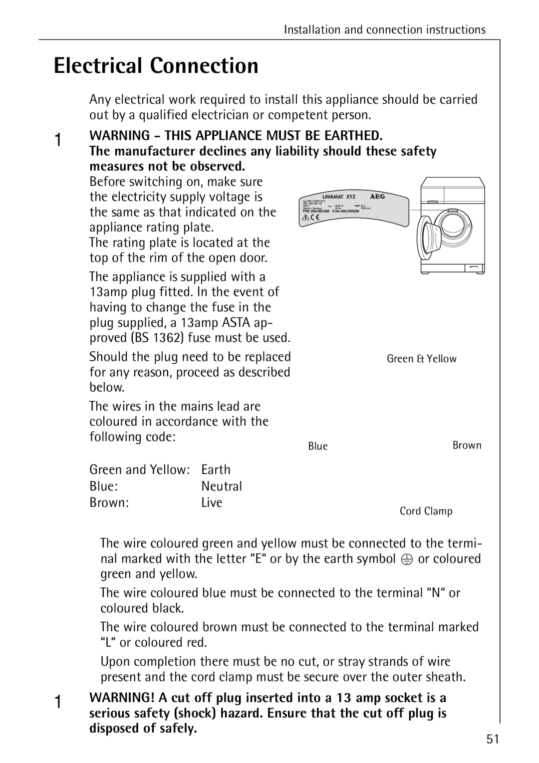 AEG 88840 manual Electrical Connection, Measures not be observed, Earth Blue Neutral Brown Live 