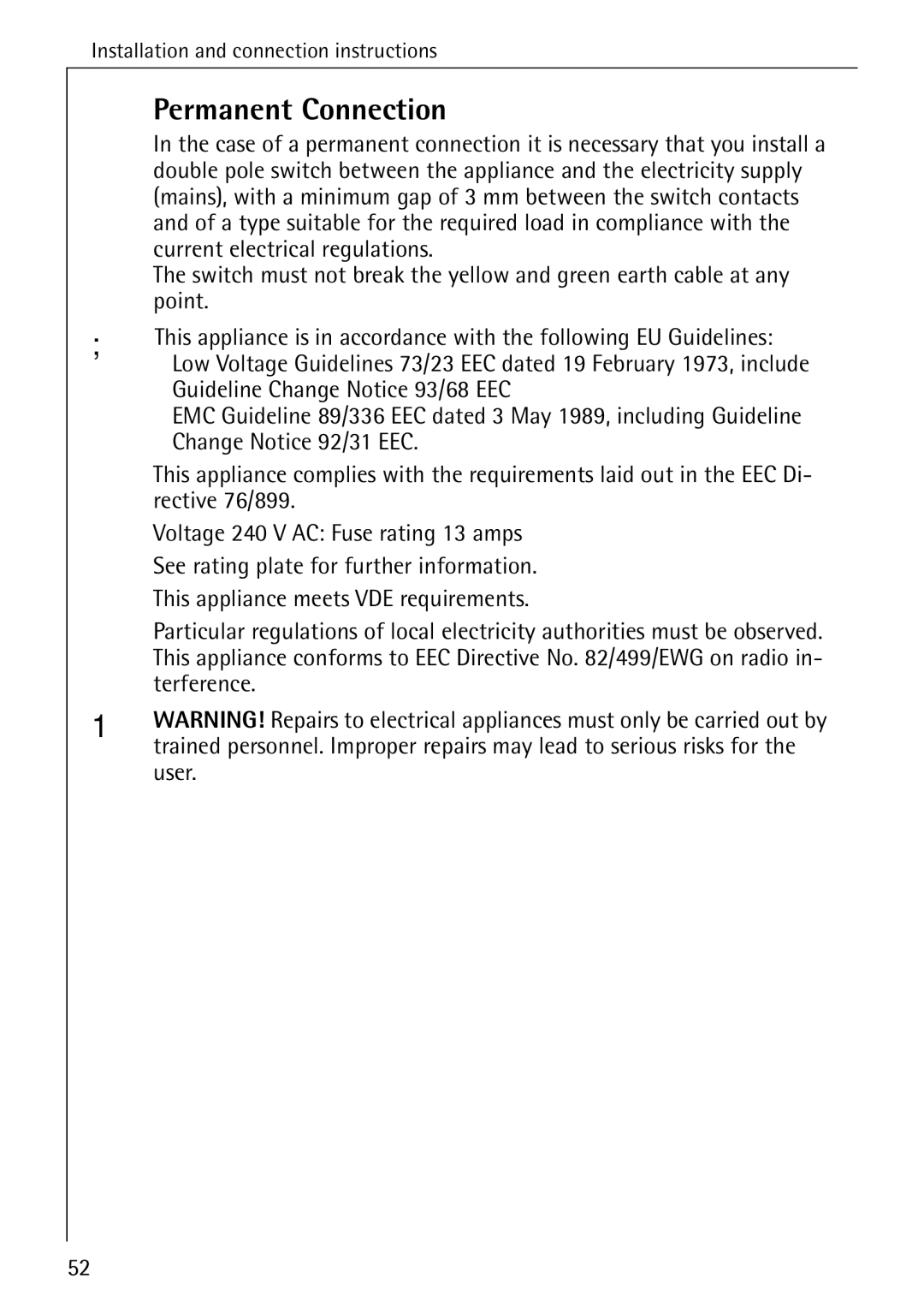 AEG 88840 manual Permanent Connection, Terference, User 