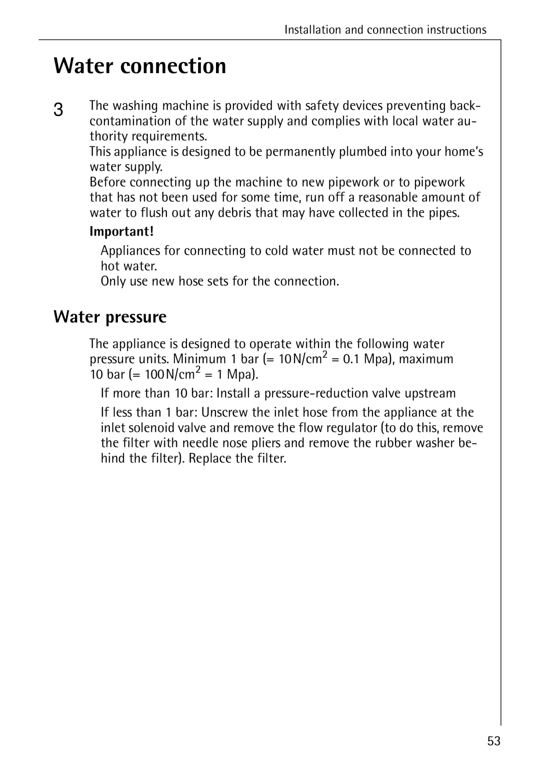 AEG 88840 manual Water connection, Water pressure 