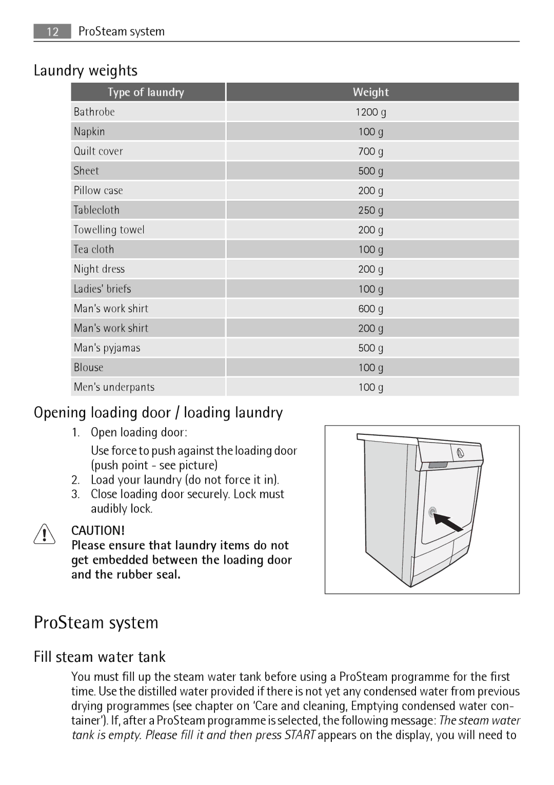 AEG 88840 user manual ProSteam system, Laundry weights, Opening loading door / loading laundry, Fill steam water tank 