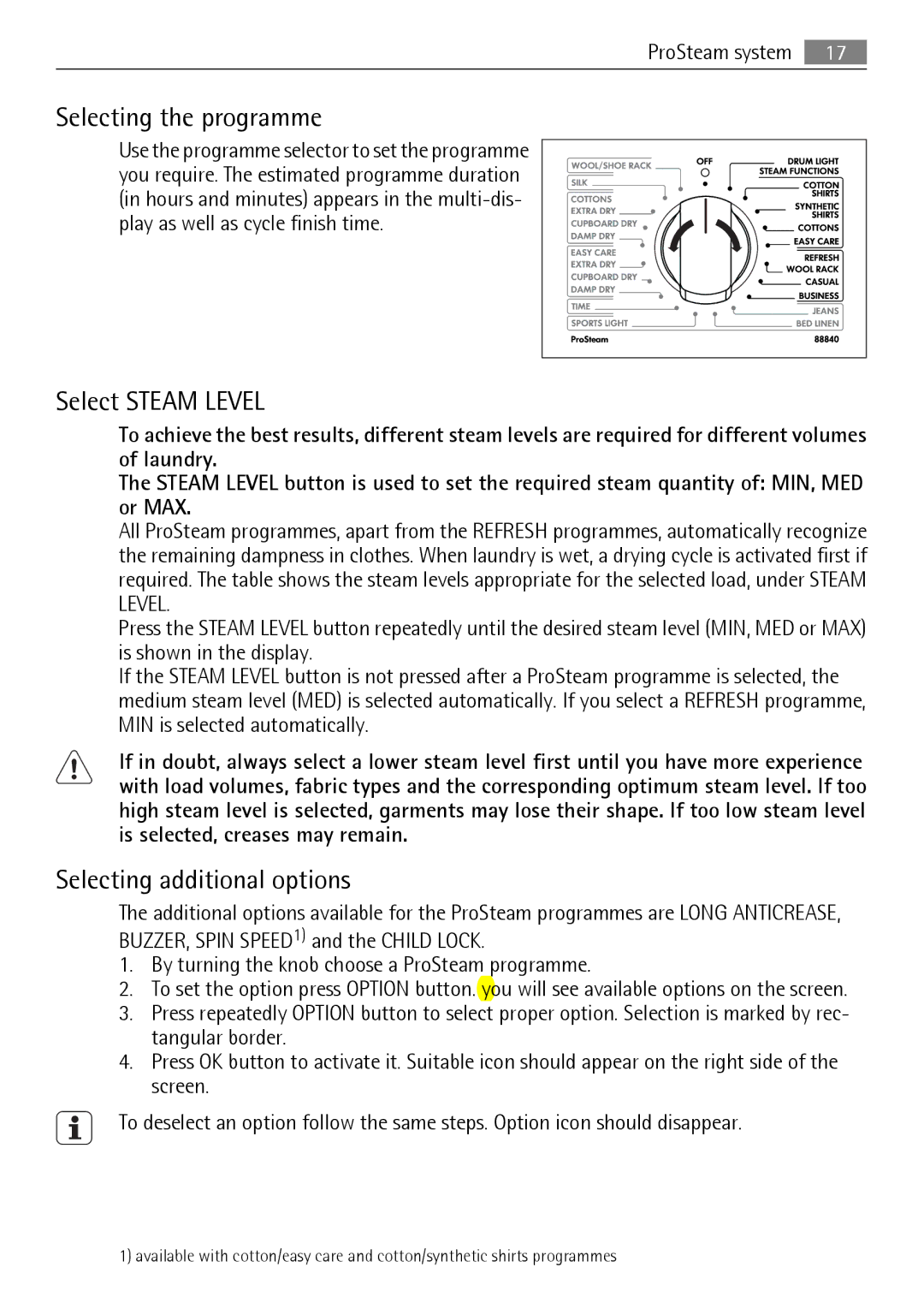 AEG 88840 user manual Selecting the programme, Select Steam Level, Selecting additional options 