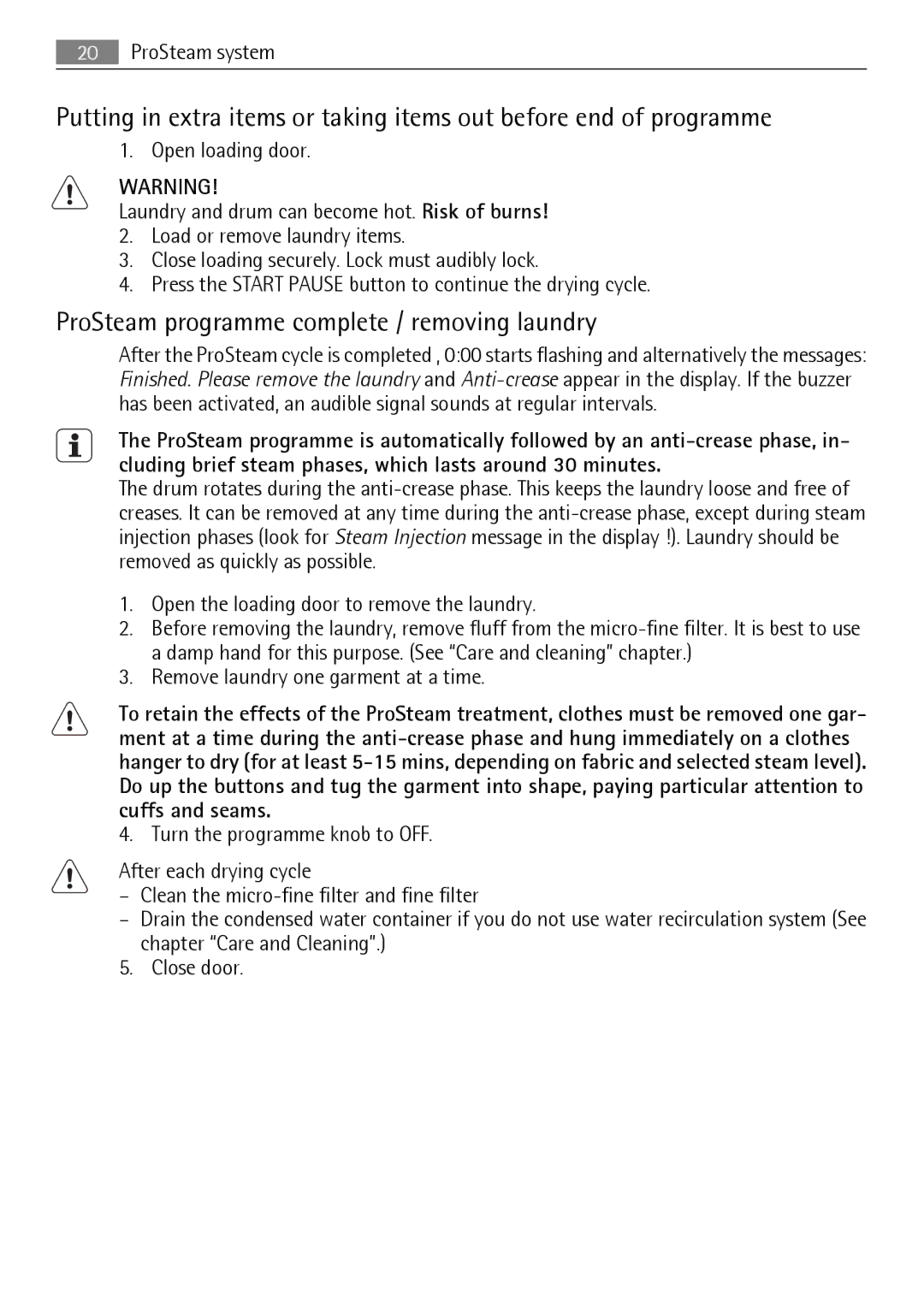 AEG 88840 user manual ProSteam programme complete / removing laundry 