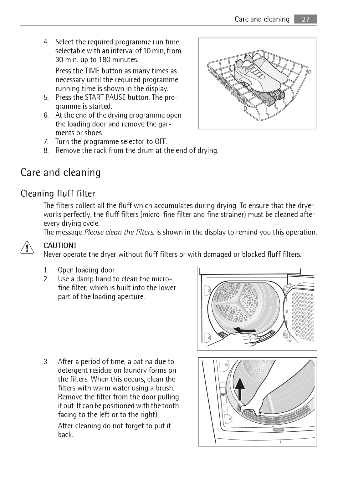 AEG 88840 user manual Care and cleaning, Cleaning fluff filter, After cleaning do not forget to put it back 