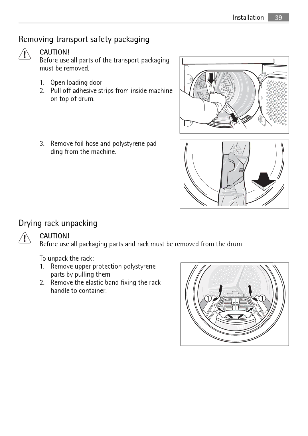 AEG 88840 user manual Removing transport safety packaging, Drying rack unpacking, Installation 