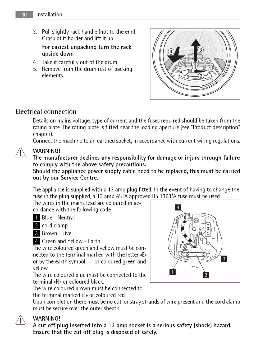 AEG 88840 Electrical connection, For easiest unpacking turn the rack upside down, Terminal «N» or coloured black 