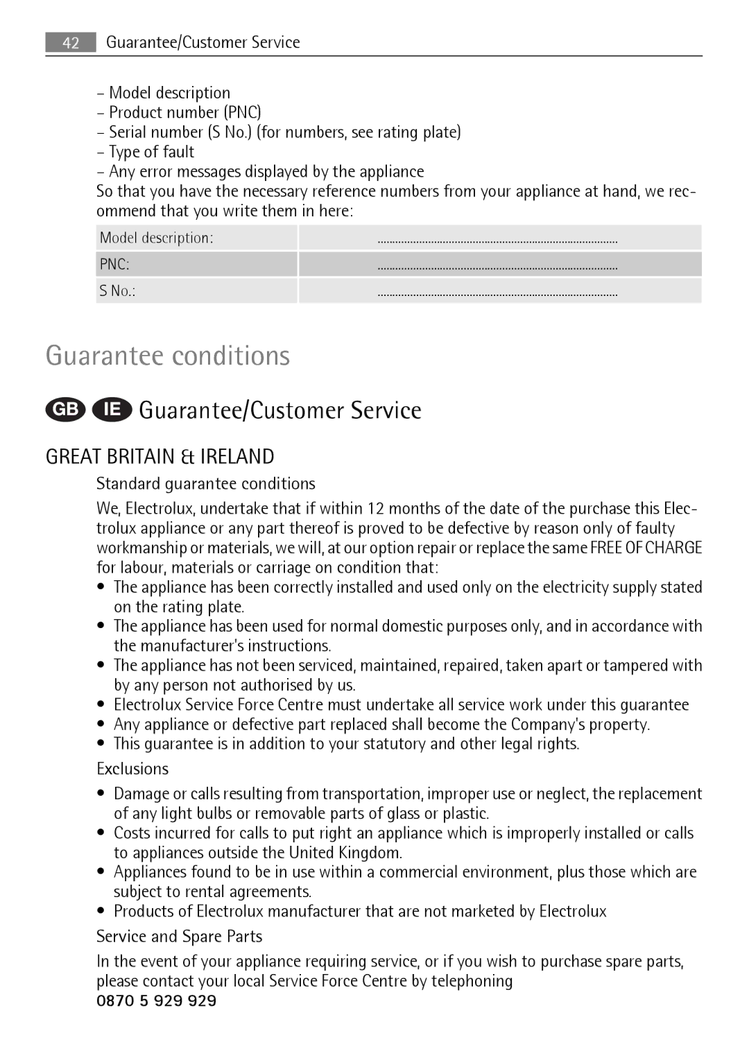 AEG 88840 user manual GB IE Guarantee/Customer Service, Standard guarantee conditions, 0870 5 929 